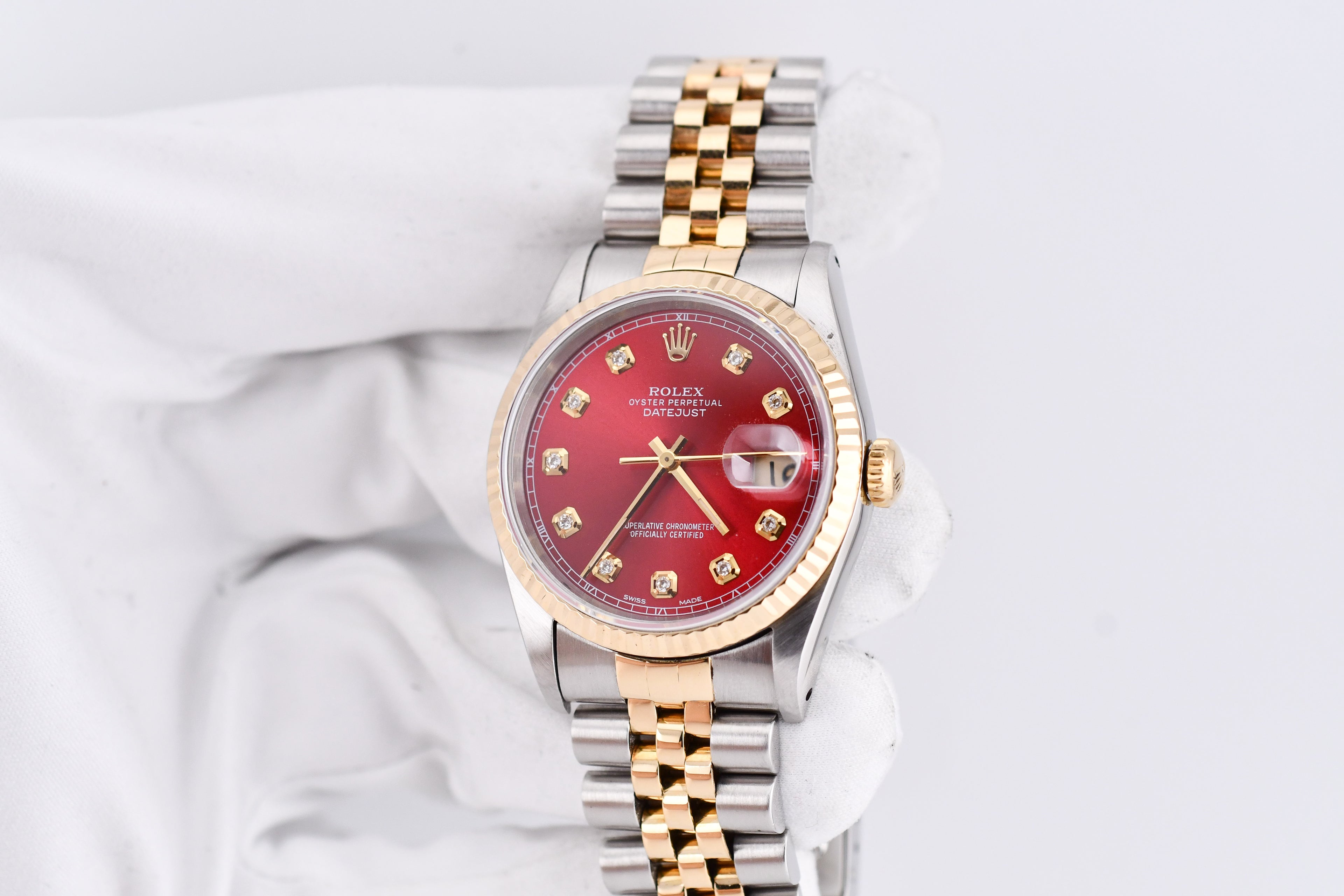 Rolex Datejust 36mm Ref 16233 Yellow Gold Bezel Sunburst Red Diamond Dial