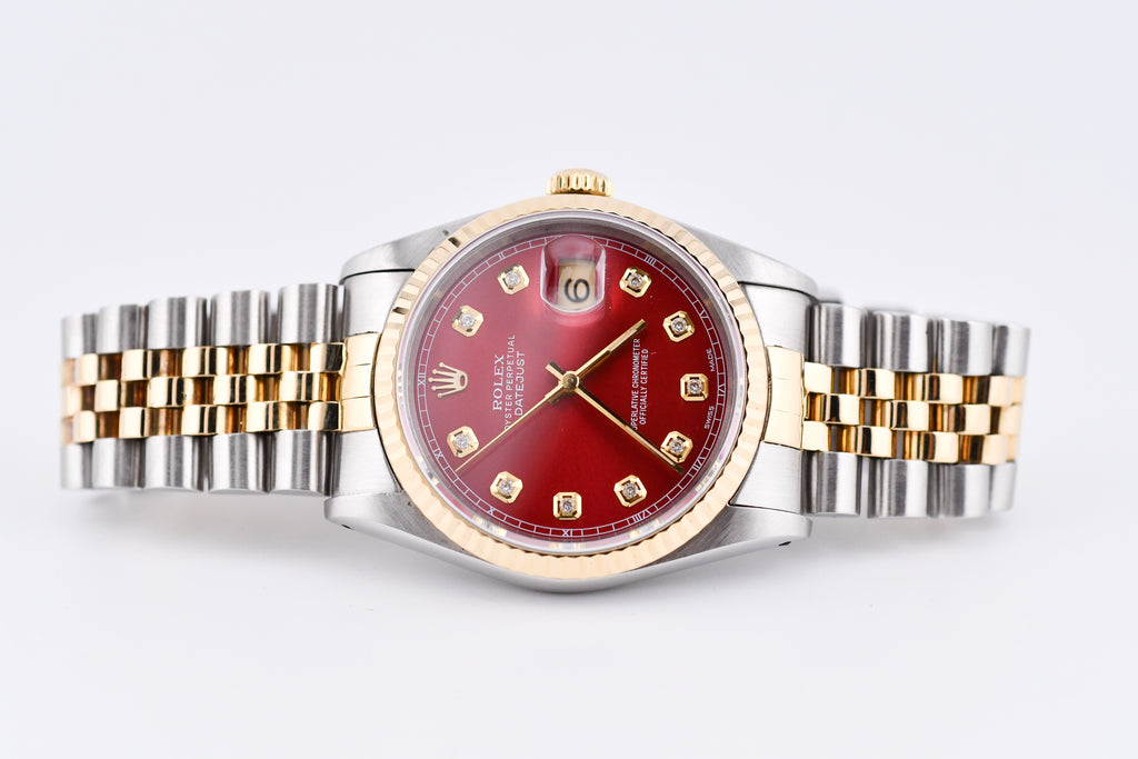 Rolex Datejust 36mm Ref 16233 Yellow Gold Bezel Sunburst Red Diamond Dial