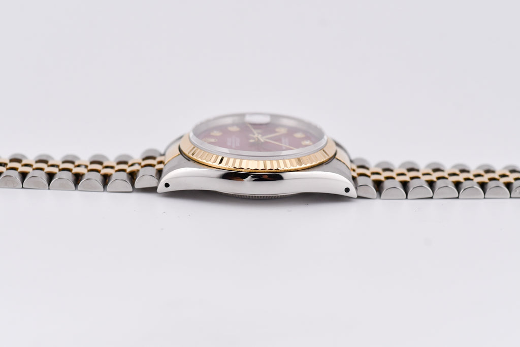Rolex Datejust 36mm Ref 16233 Yellow Gold Bezel Sunburst Red Diamond Dial