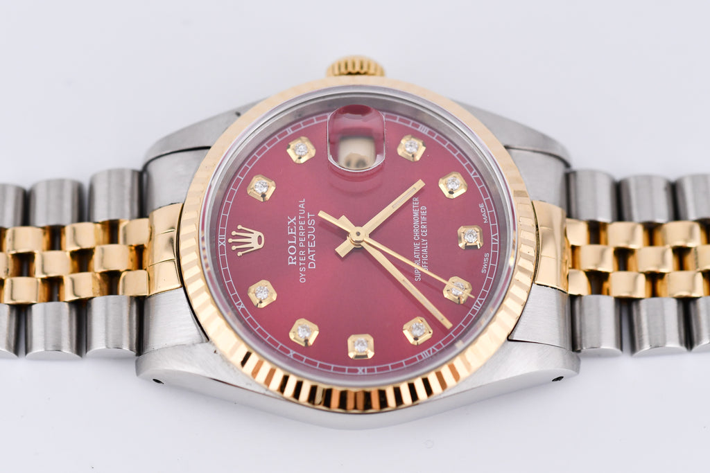 Rolex Datejust 36mm Ref 16233 Yellow Gold Bezel Sunburst Red Diamond Dial