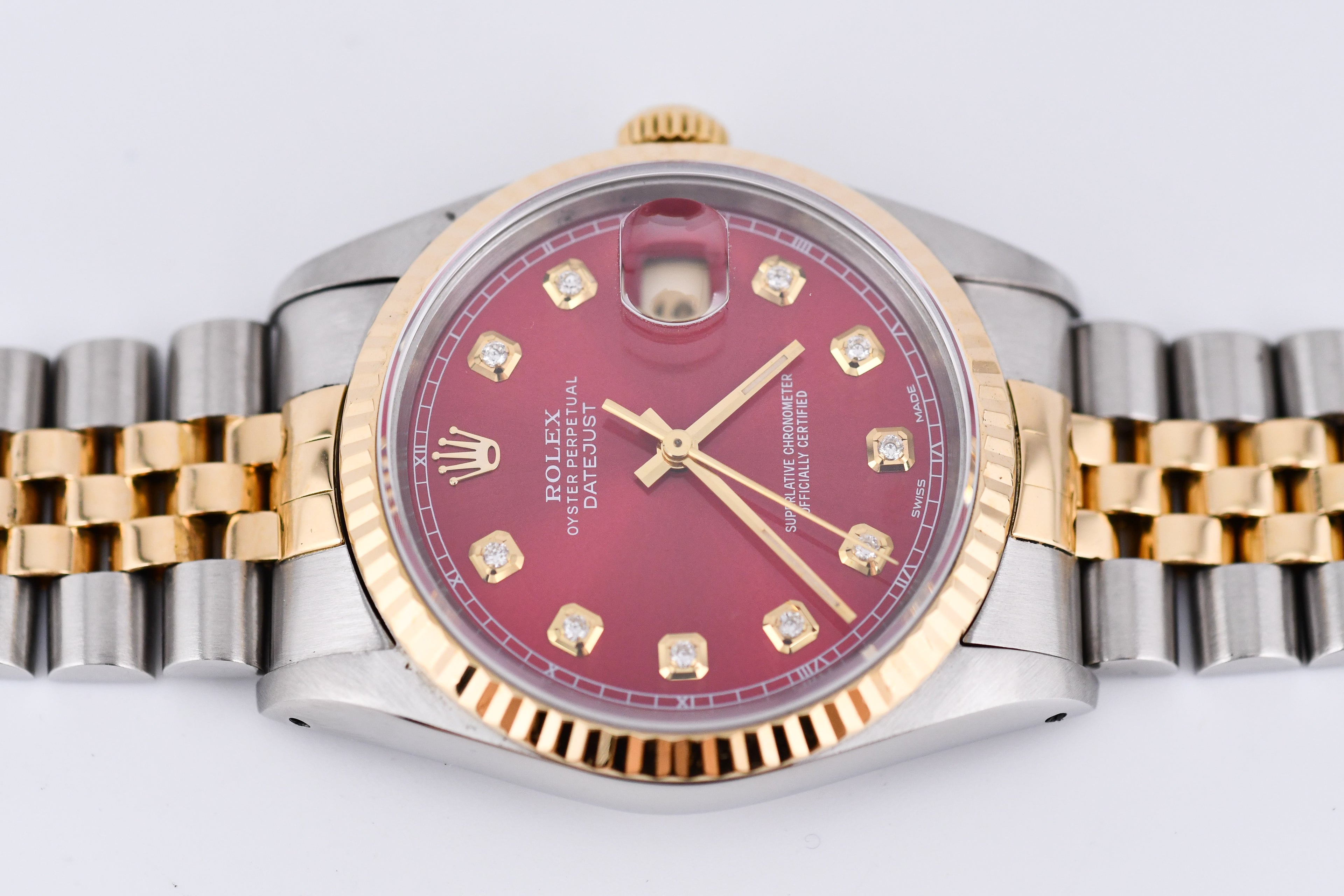 Rolex Datejust 36mm Ref 16233 Yellow Gold Bezel Sunburst Red Diamond Dial