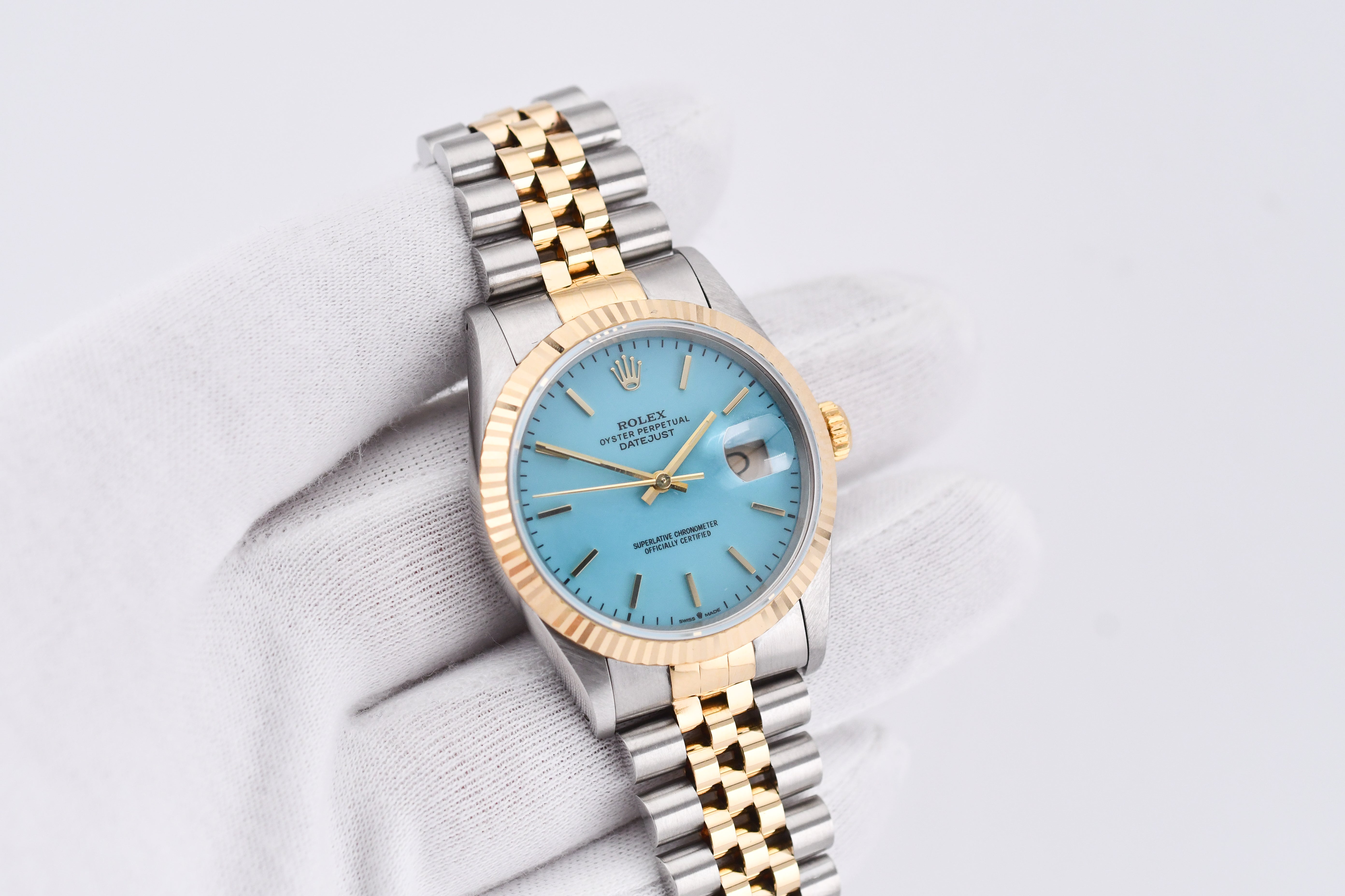 Rolex Datejust 36mm Ref 16233 Yellow Gold Bezel Turquoise stick