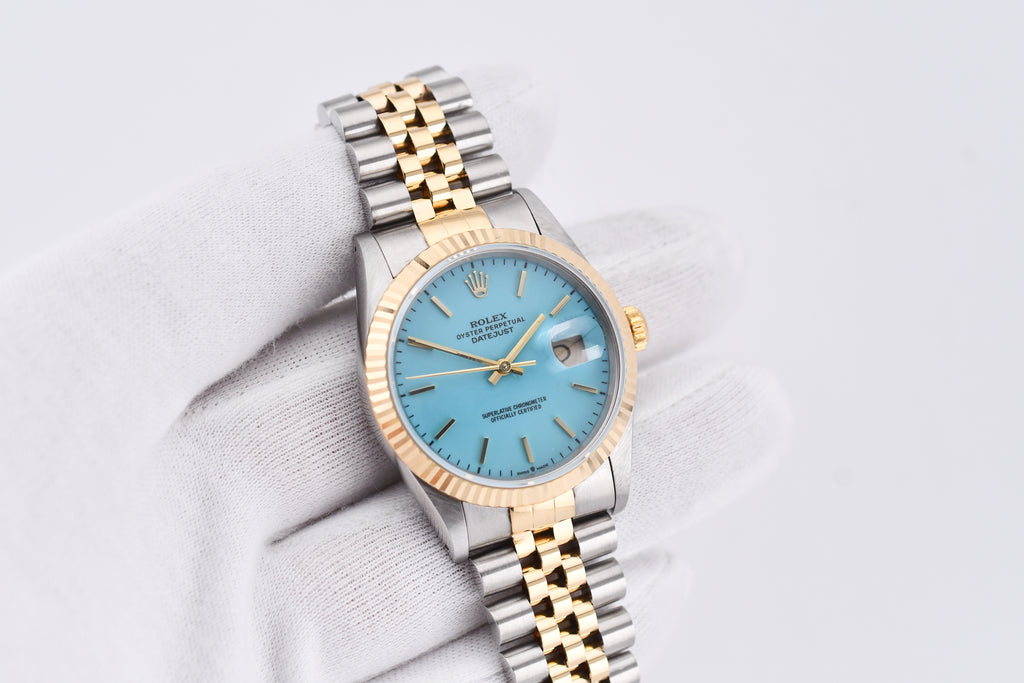 Rolex Datejust 36mm Ref 16233 Yellow Gold Bezel Turquoise stick Dial