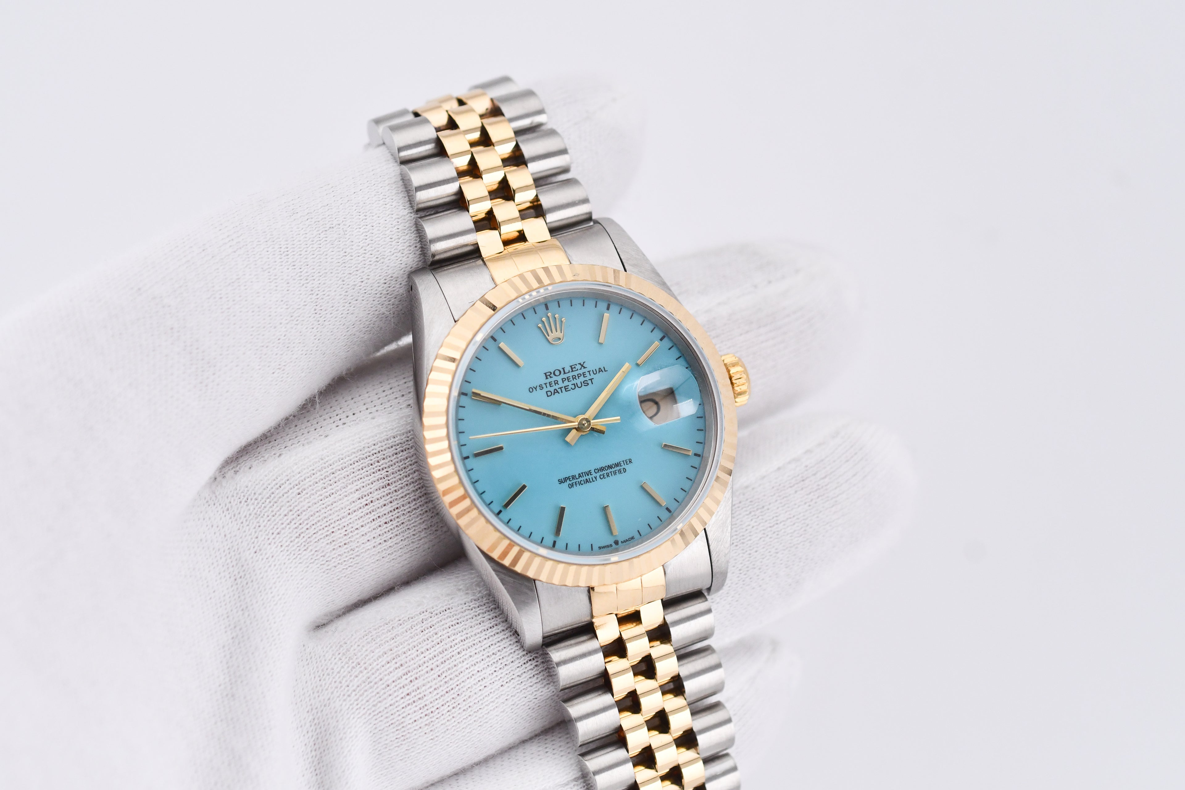 Rolex Datejust 36mm Ref 16233 Yellow Gold Bezel Turquoise stick Dial