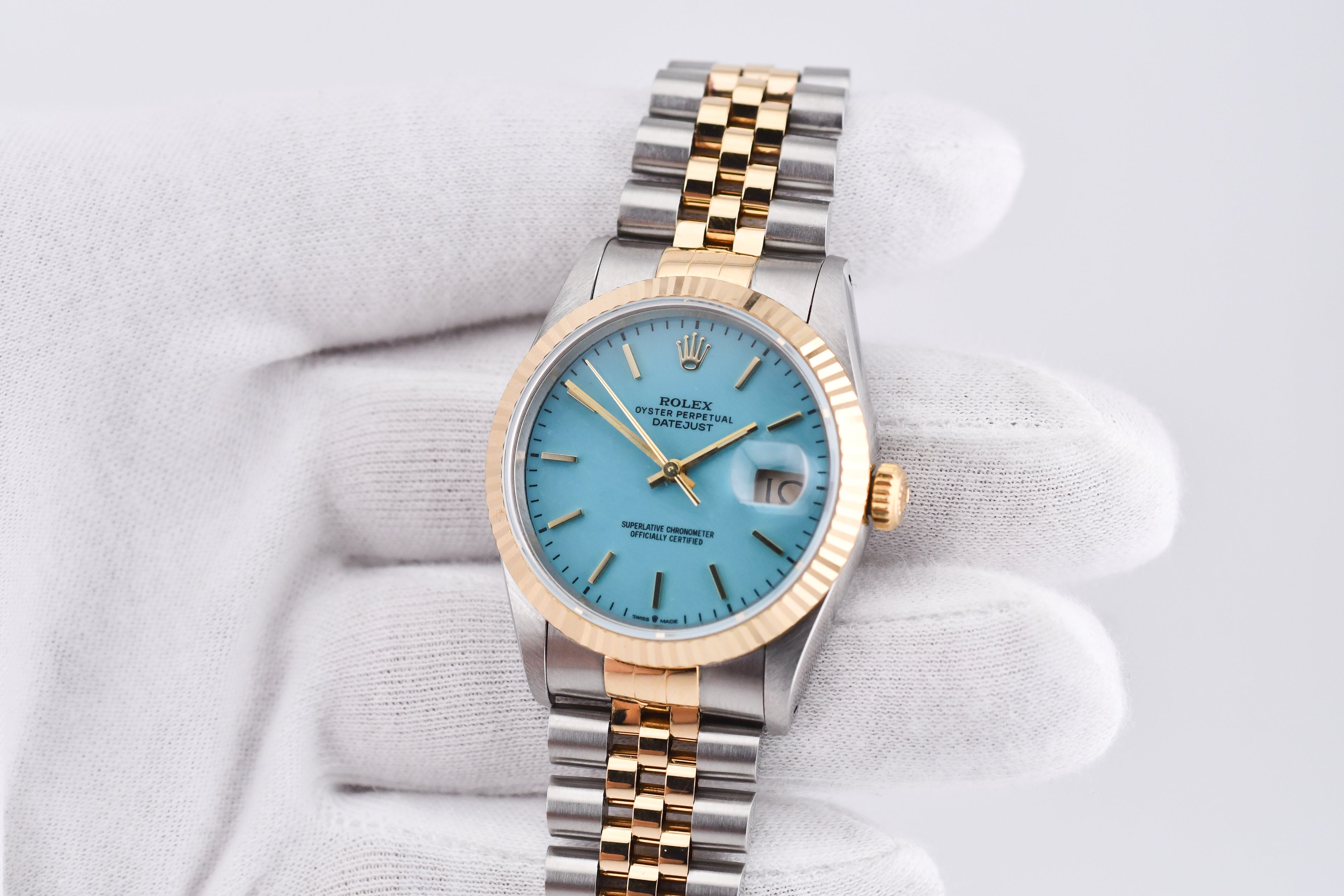 Rolex Datejust 36mm Ref 16233 Yellow Gold Bezel Turquoise stick Dial