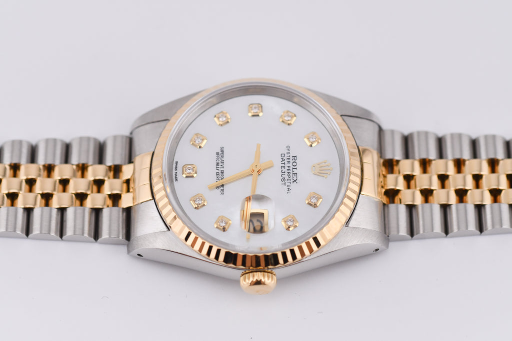 Rolex Datejust 36mm Ref 16233 Yellow Gold Bezel White Mother of Pearl Dial