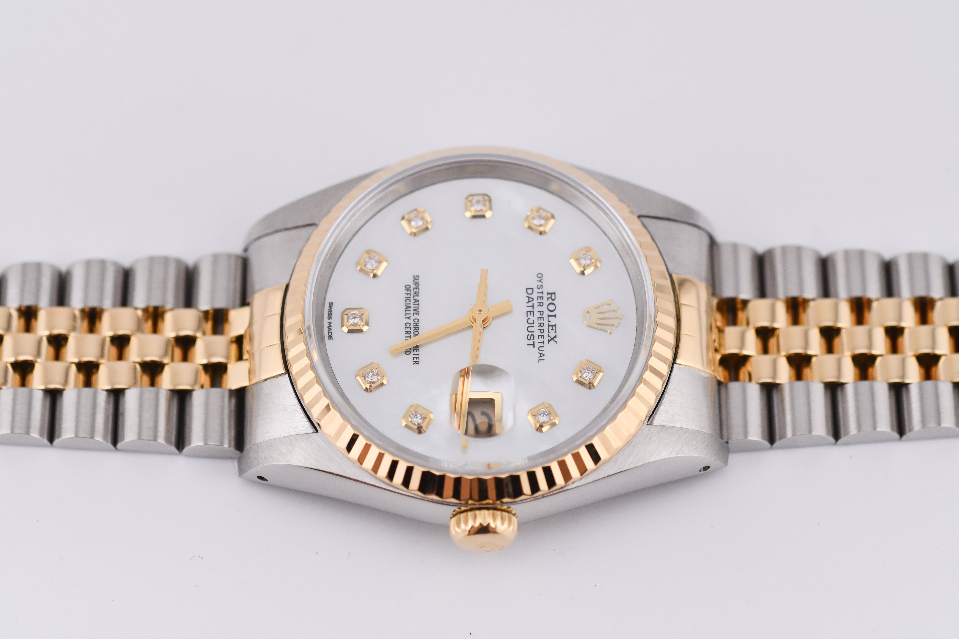 Rolex Datejust 36mm Ref 16233 Yellow Gold Bezel White Mother of Pearl Dial