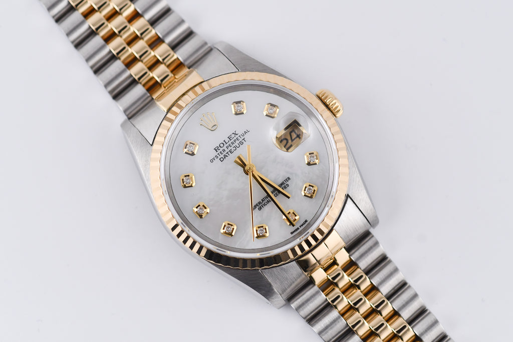 Rolex Datejust 36mm Ref 16233 Yellow Gold Bezel White Mother of Pearl Dial