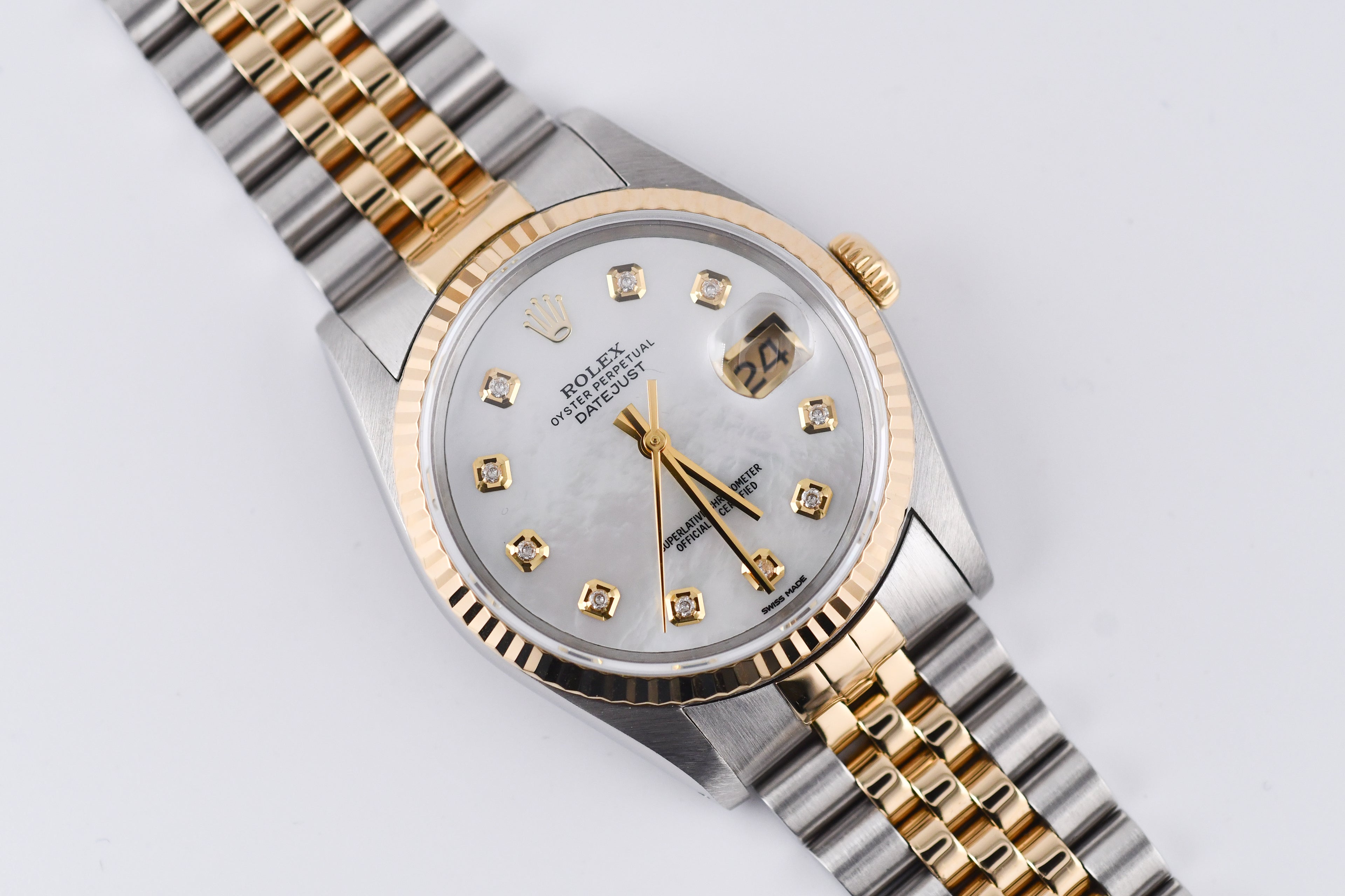 Rolex Datejust 36mm Ref 16233 Yellow Gold Bezel White Mother of Pearl Dial
