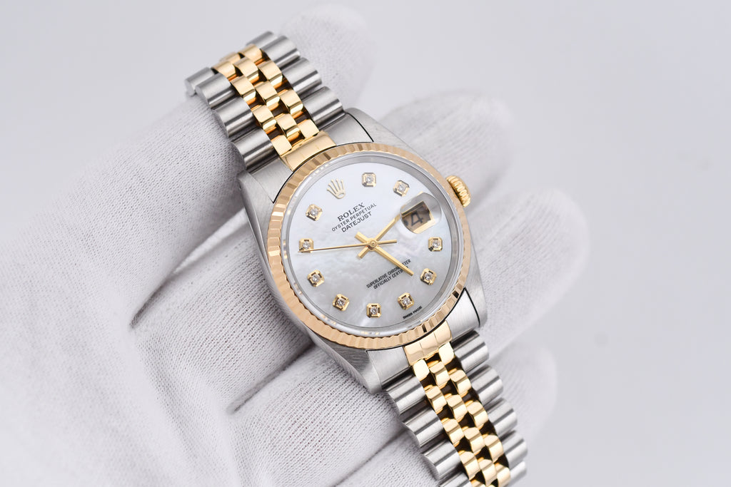 Rolex Datejust 36mm Ref 16233 Yellow Gold Bezel White Mother of Pearl Dial