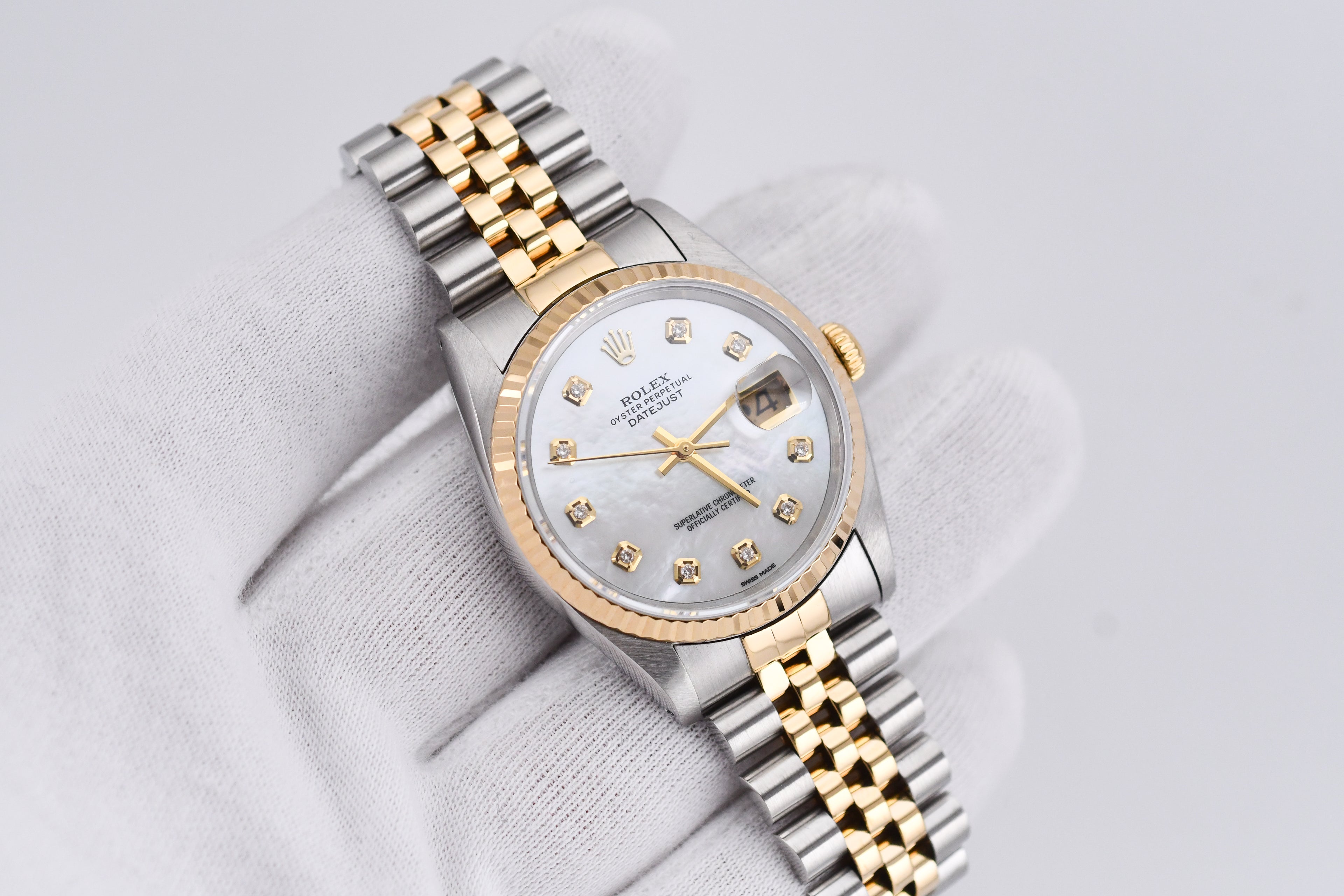Rolex Datejust 36mm Ref 16233 Yellow Gold Bezel White Mother of Pearl Dial