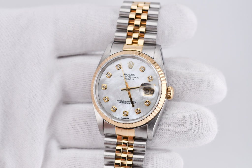 Rolex Datejust 36mm Ref 16233 Yellow Gold Bezel White Mother of Pearl Dial
