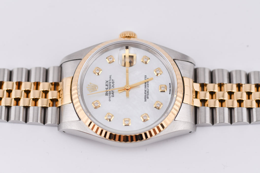 Rolex Datejust 36mm Ref 16233 Yellow Gold Bezel White Mother of Pearl Dial