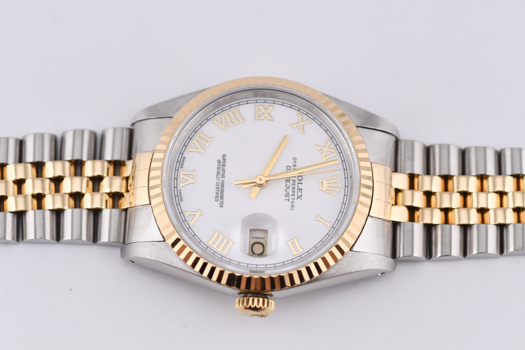 Rolex Datejust 36mm Ref 16233 Yellow Gold Bezel White Roman Dial