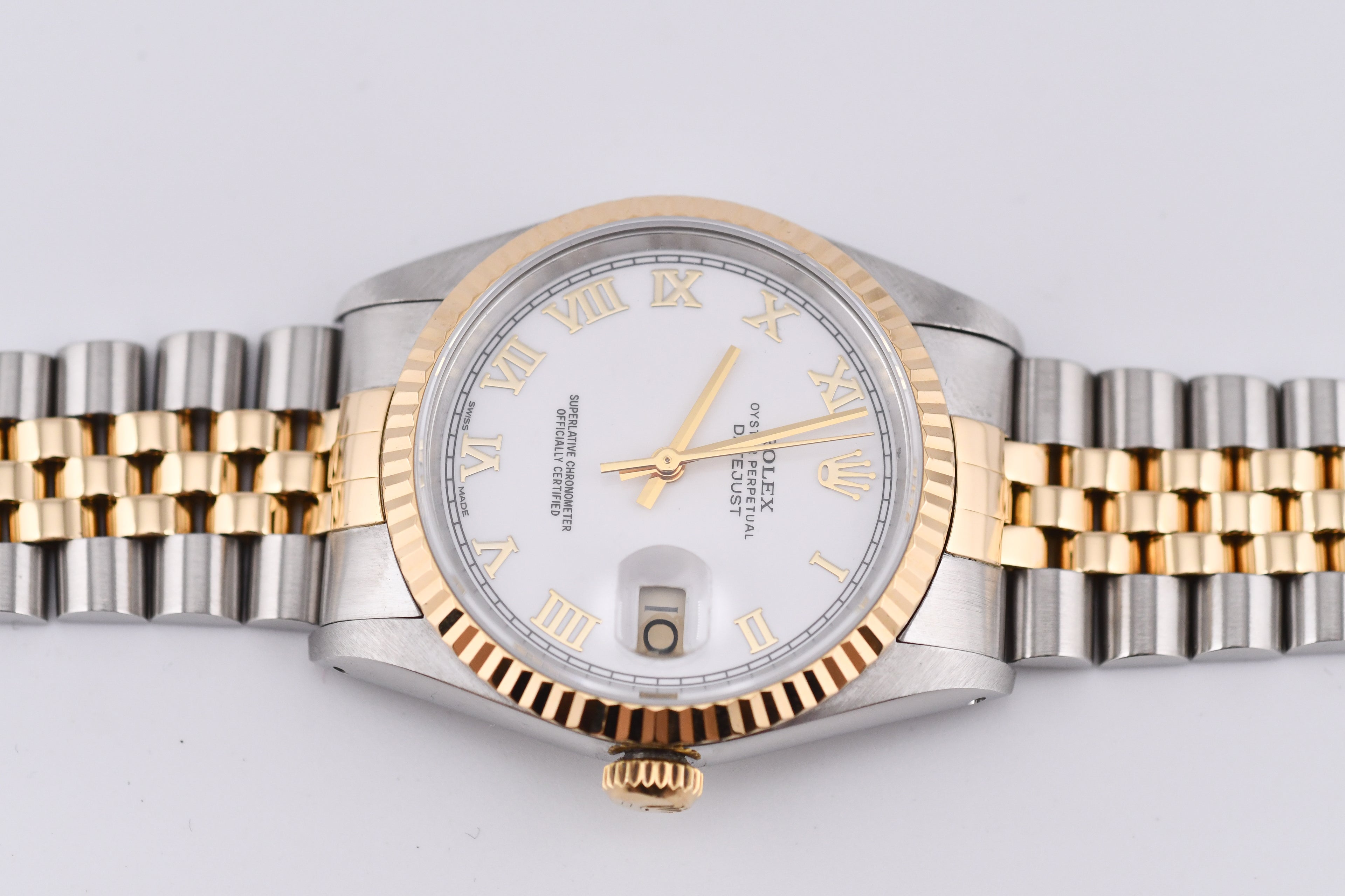 Rolex Datejust 36mm Ref 16233 Yellow Gold Bezel White Roman Dial