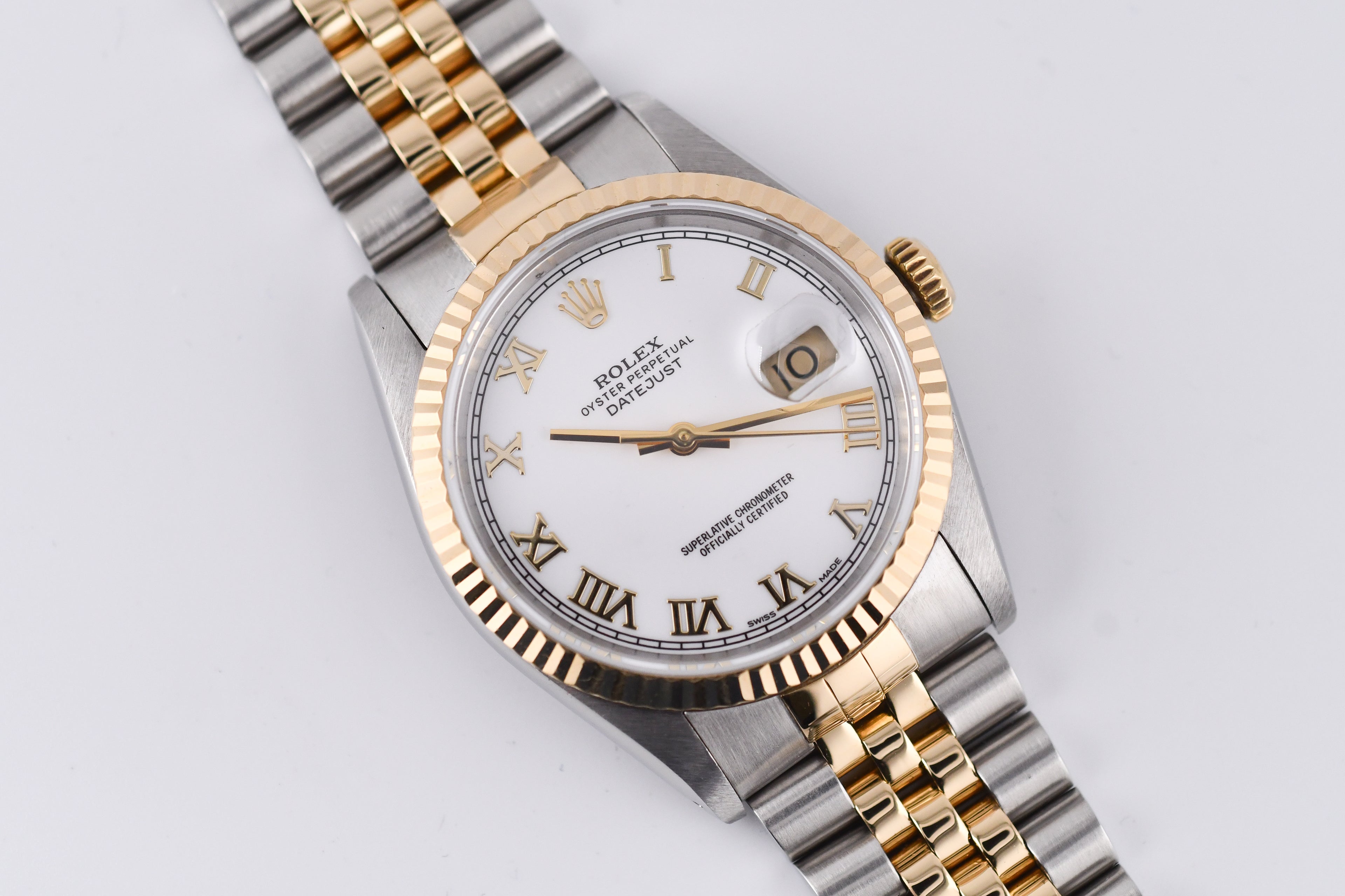 Rolex Datejust 36mm Ref 16233 Yellow Gold Bezel White Roman Dial