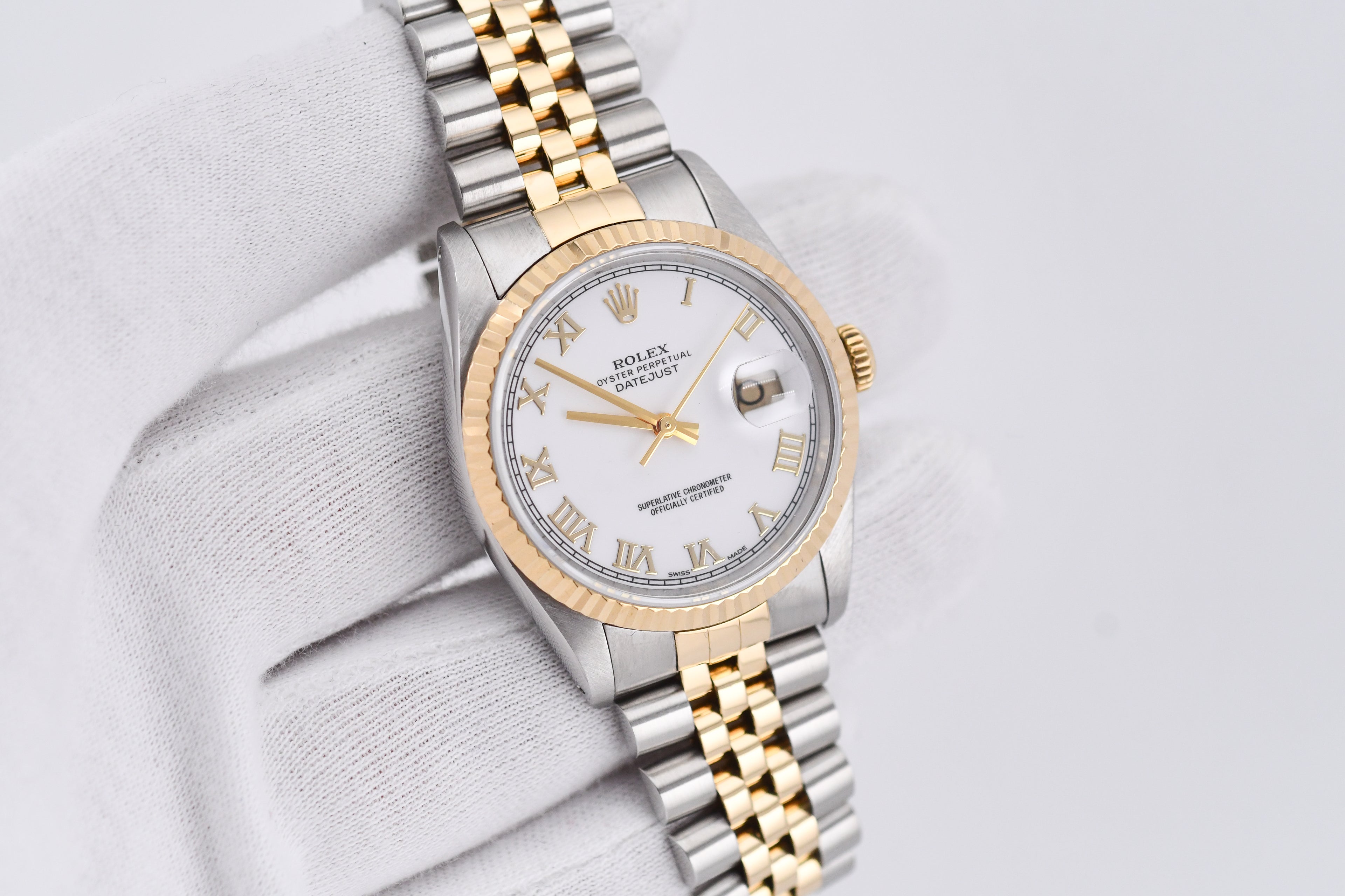 Rolex Datejust 36mm Ref 16233 Yellow Gold Bezel White Roman Dial