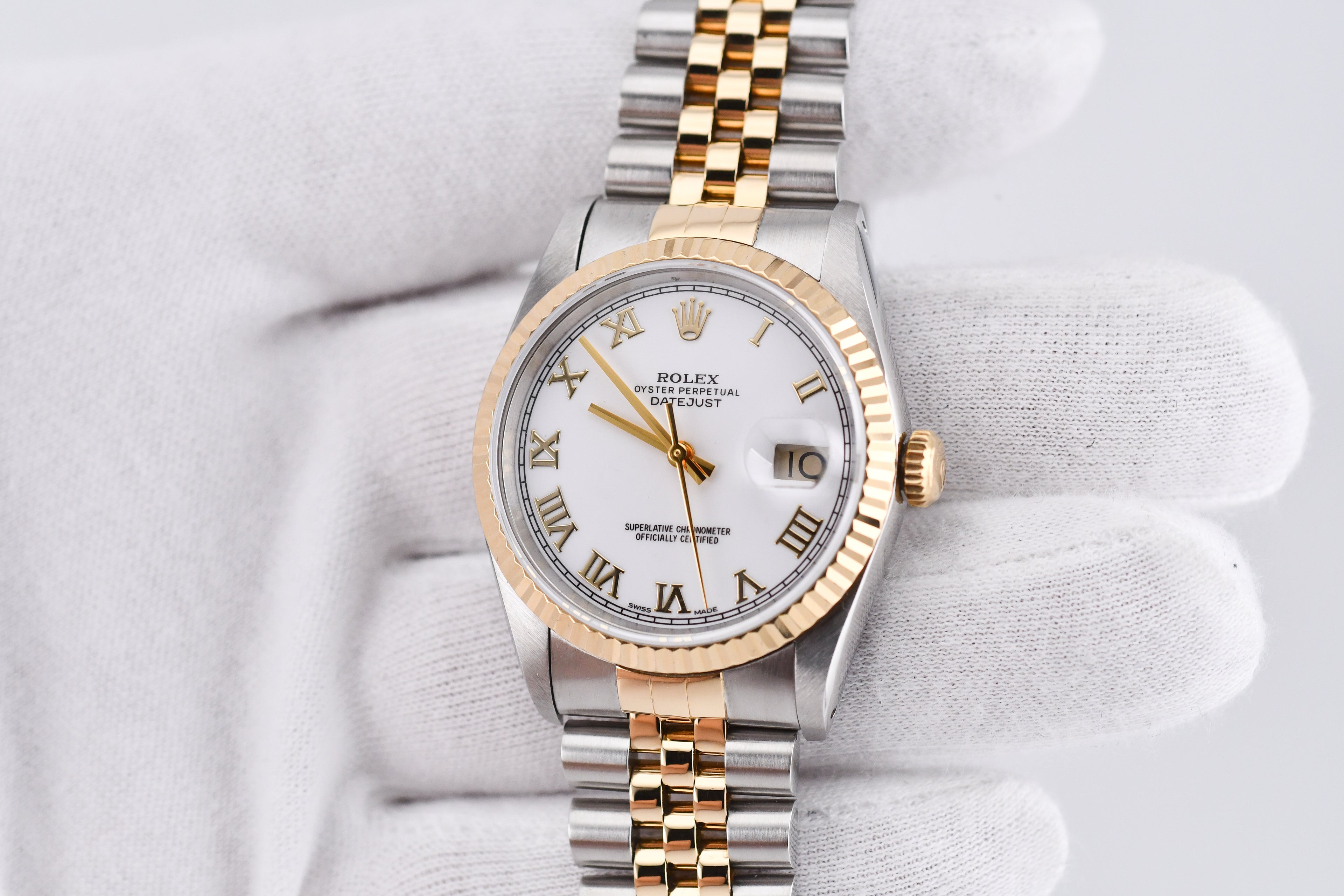 Rolex Datejust 36mm Ref 16233 Yellow Gold Bezel White Roman Dial