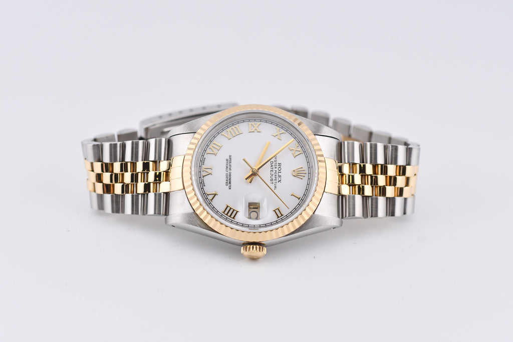 Rolex Datejust 36mm Ref 16233 Yellow Gold Bezel White Roman Dial