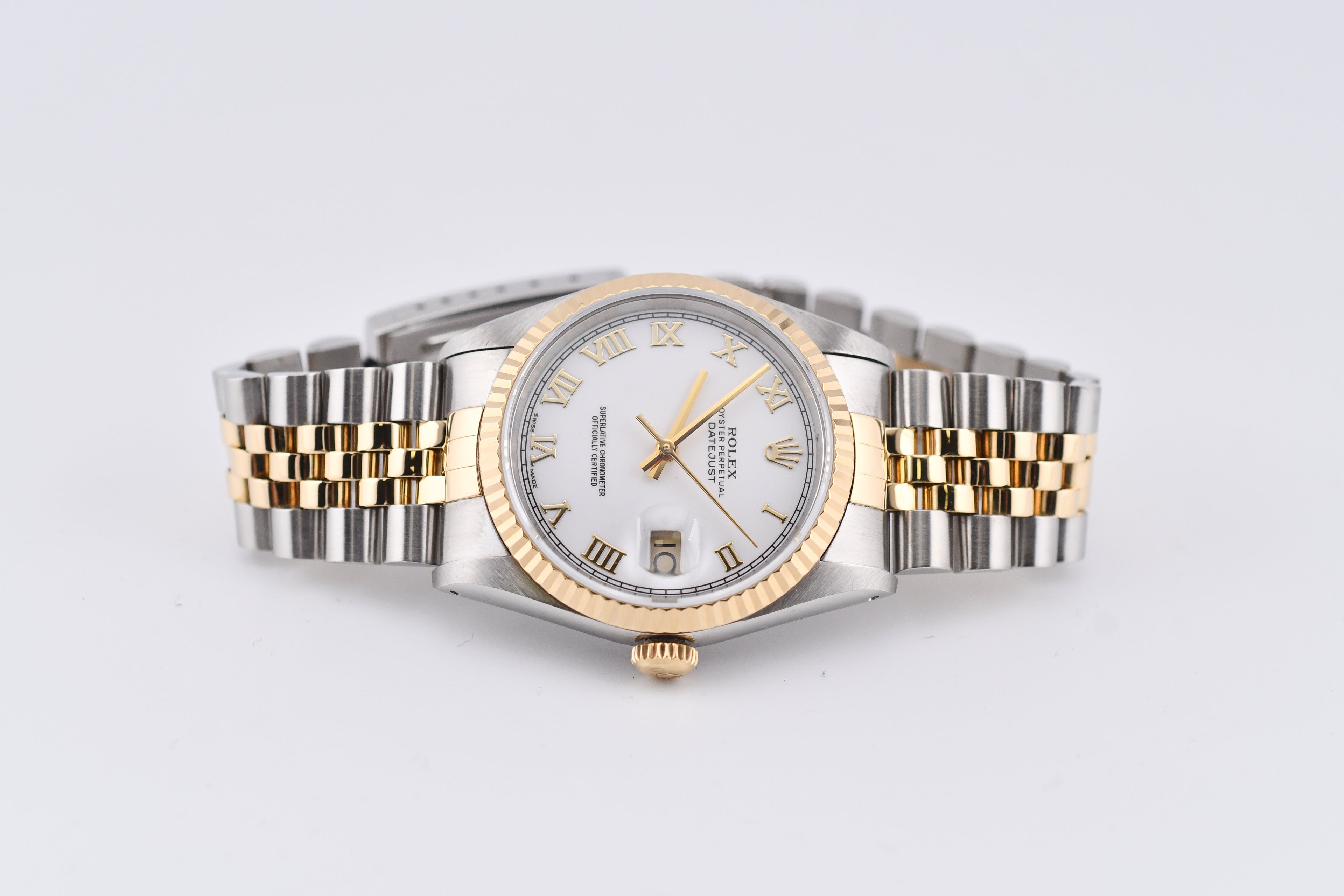Rolex Datejust 36mm Ref 16233 Yellow Gold Bezel White Roman Dial