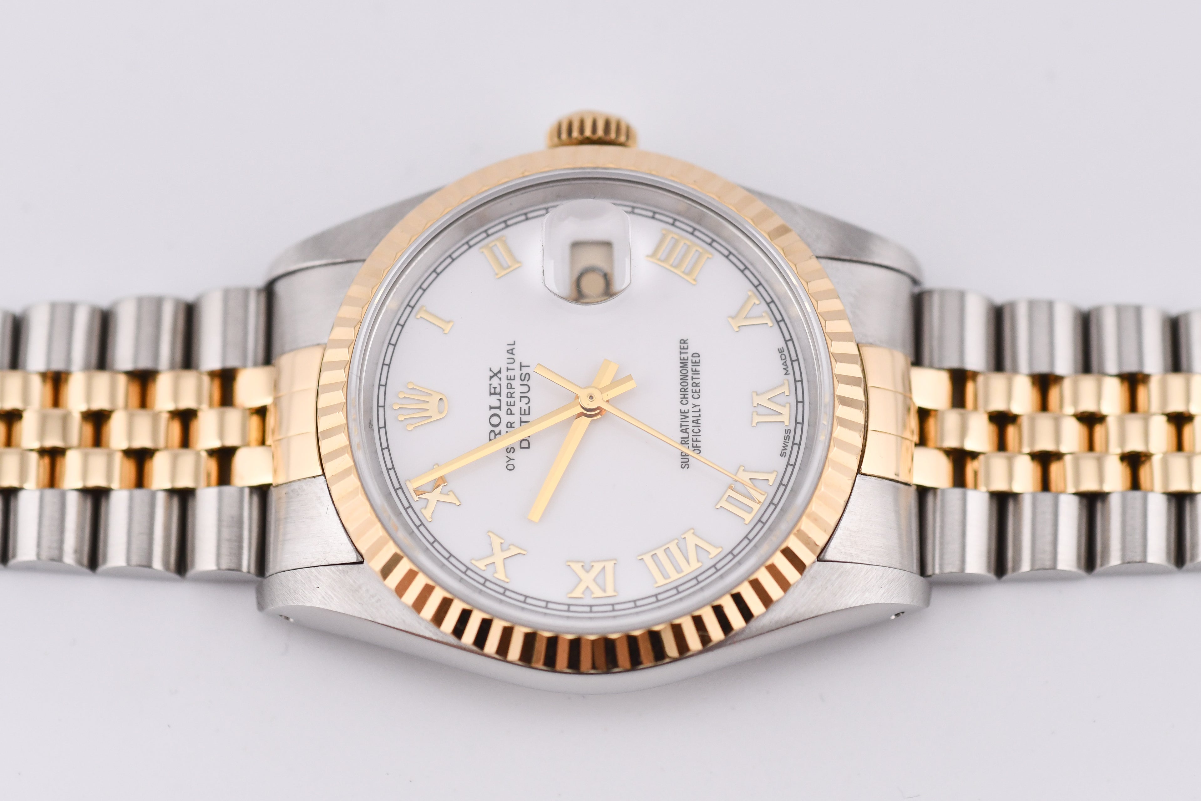 Rolex Datejust 36mm Ref 16233 Yellow Gold Bezel White Roman Dial