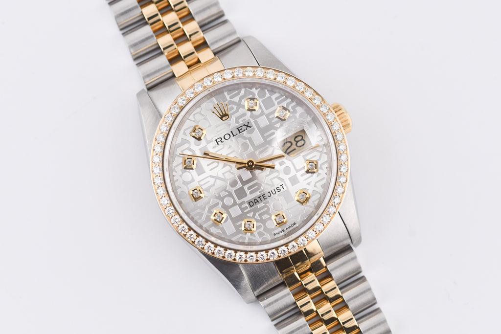 Rolex Datejust 36mm Ref 16233 Yellow Gold Diamond Bezel Custom Anniversary Dial