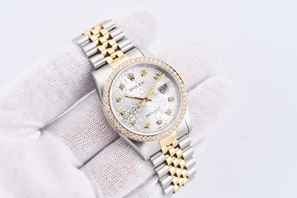 Rolex Datejust 36mm Ref 16233 Yellow Gold Diamond Bezel Custom Anniversary Dial