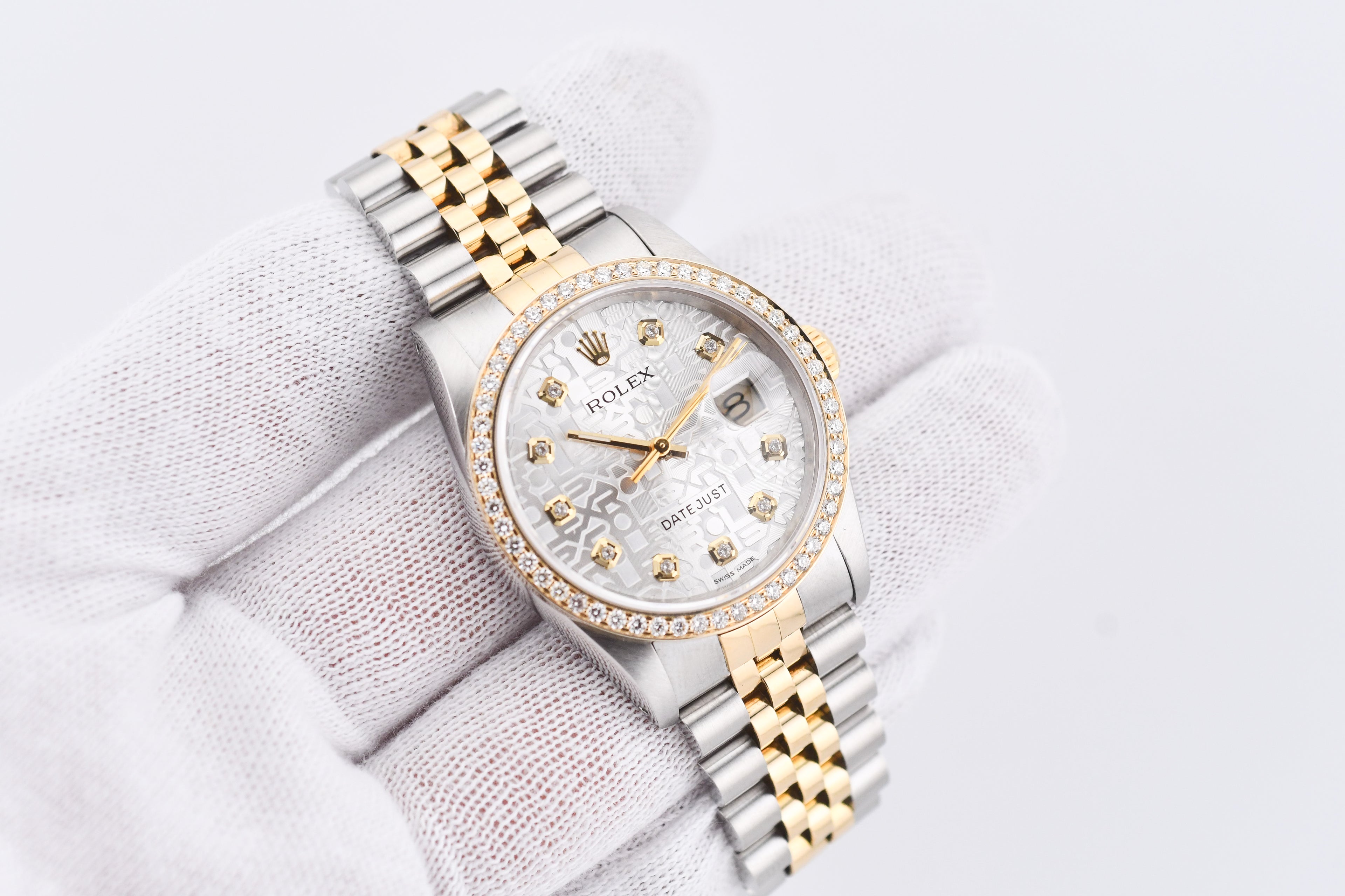 Rolex Datejust 36mm Ref 16233 Yellow Gold Diamond Bezel Custom Anniversary Dial