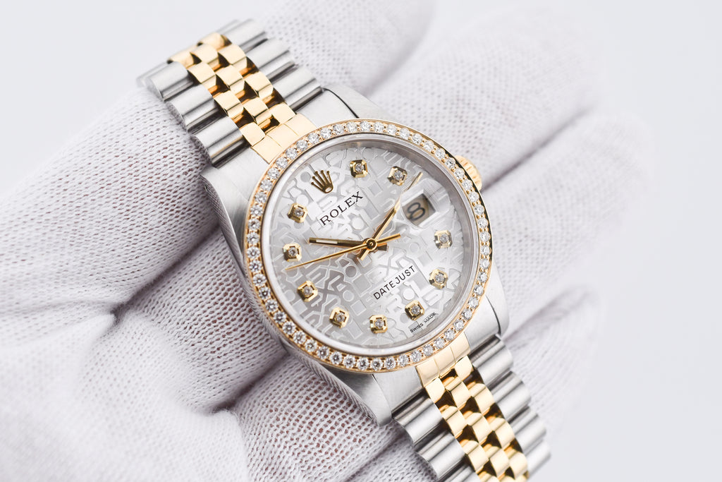 Rolex Datejust 36mm Ref 16233 Yellow Gold Diamond Bezel Custom Anniversary Dial
