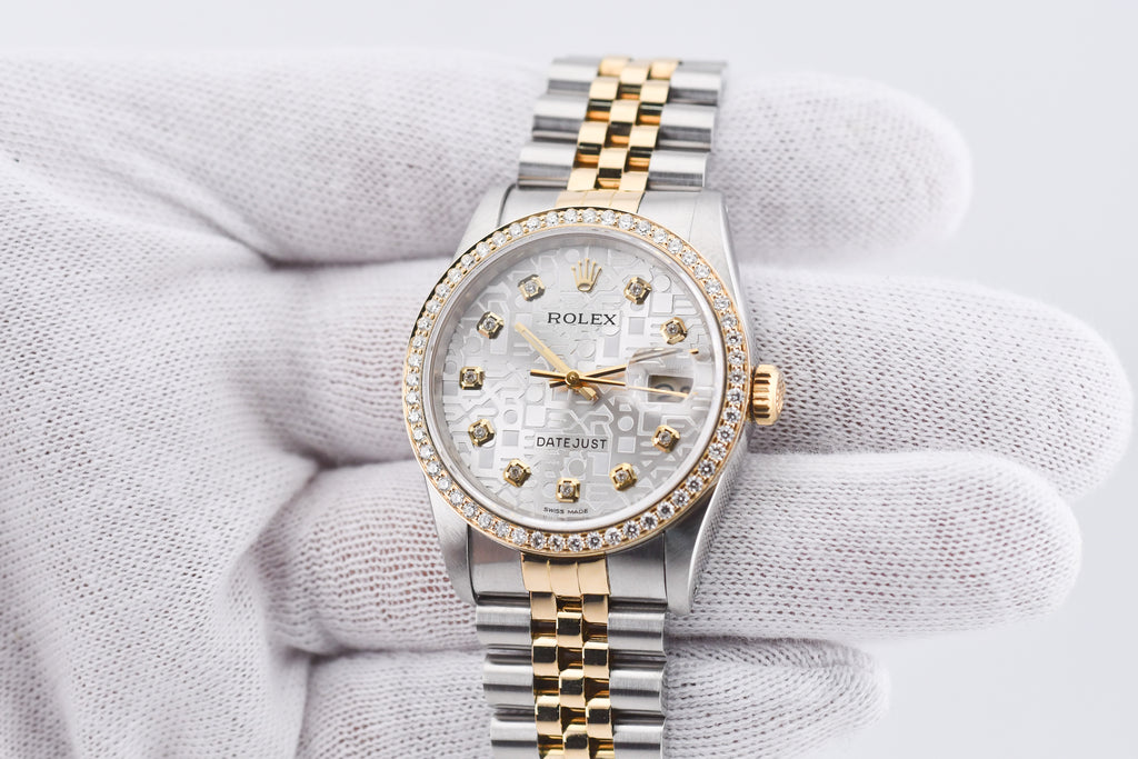 Rolex Datejust 36mm Ref 16233 Yellow Gold Diamond Bezel Custom Anniversary Dial