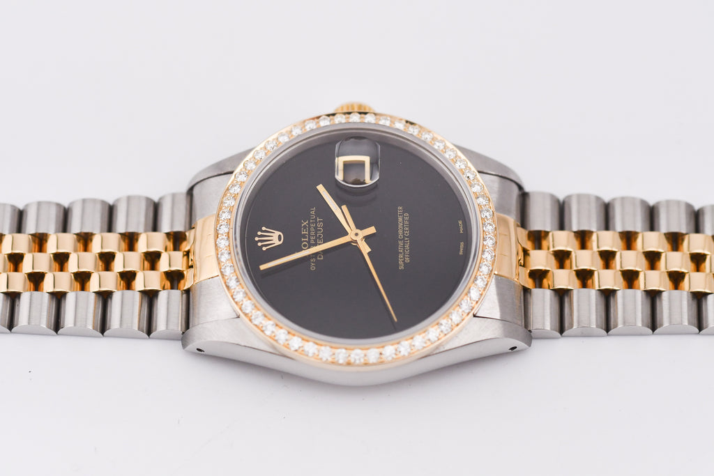 Rolex Datejust 36mm Ref 16233 Yellow Gold Diamond Bezel Custom Onyx Dial
