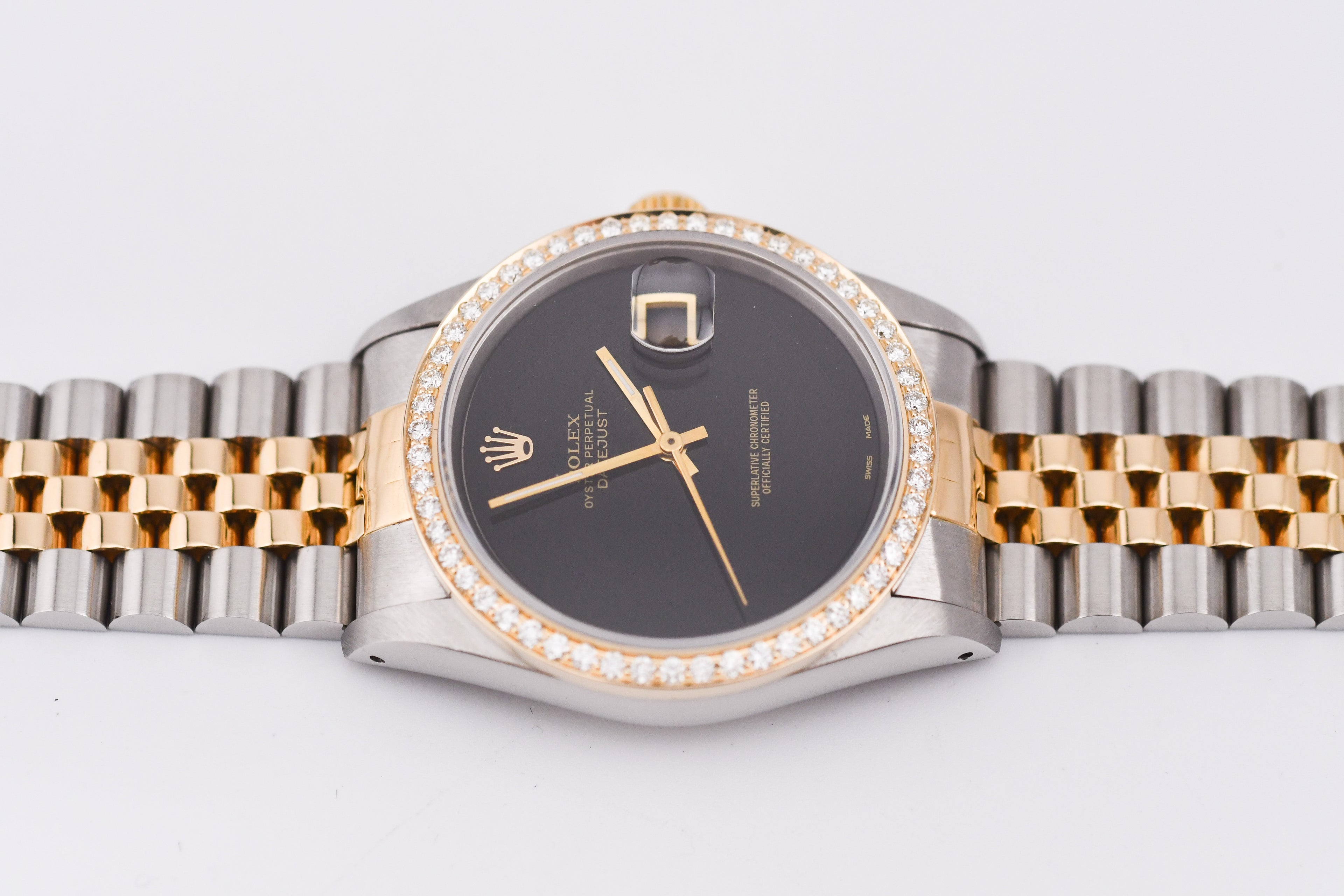 Rolex Datejust 36mm Ref 16233 Yellow Gold Diamond Bezel Custom Onyx Dial