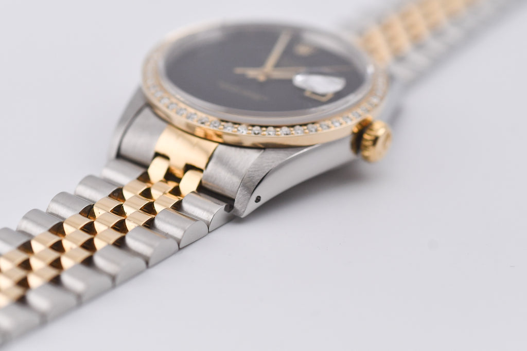 Rolex Datejust 36mm Ref 16233 Yellow Gold Diamond Bezel Custom Onyx Dial