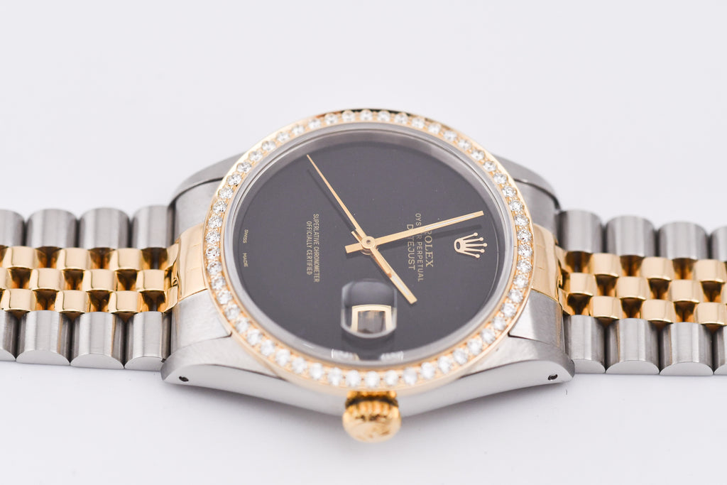 Rolex Datejust 36mm Ref 16233 Yellow Gold Diamond Bezel Custom Onyx Dial