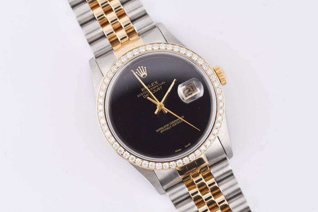 Rolex Datejust 36mm Ref 16233 Yellow Gold Diamond Bezel Custom Onyx Dial
