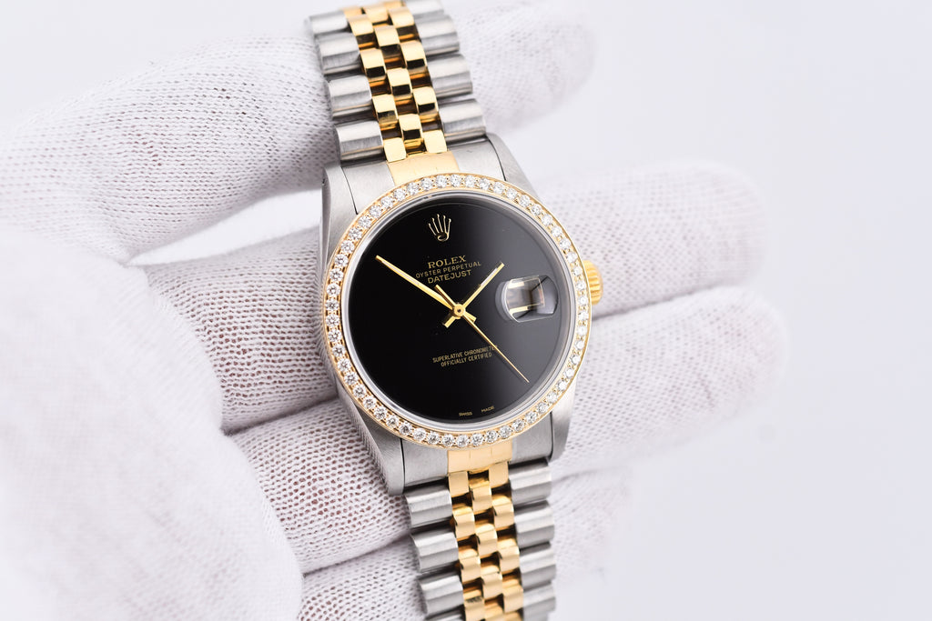 Rolex Datejust 36mm Ref 16233 Yellow Gold Diamond Bezel Custom Onyx Dial