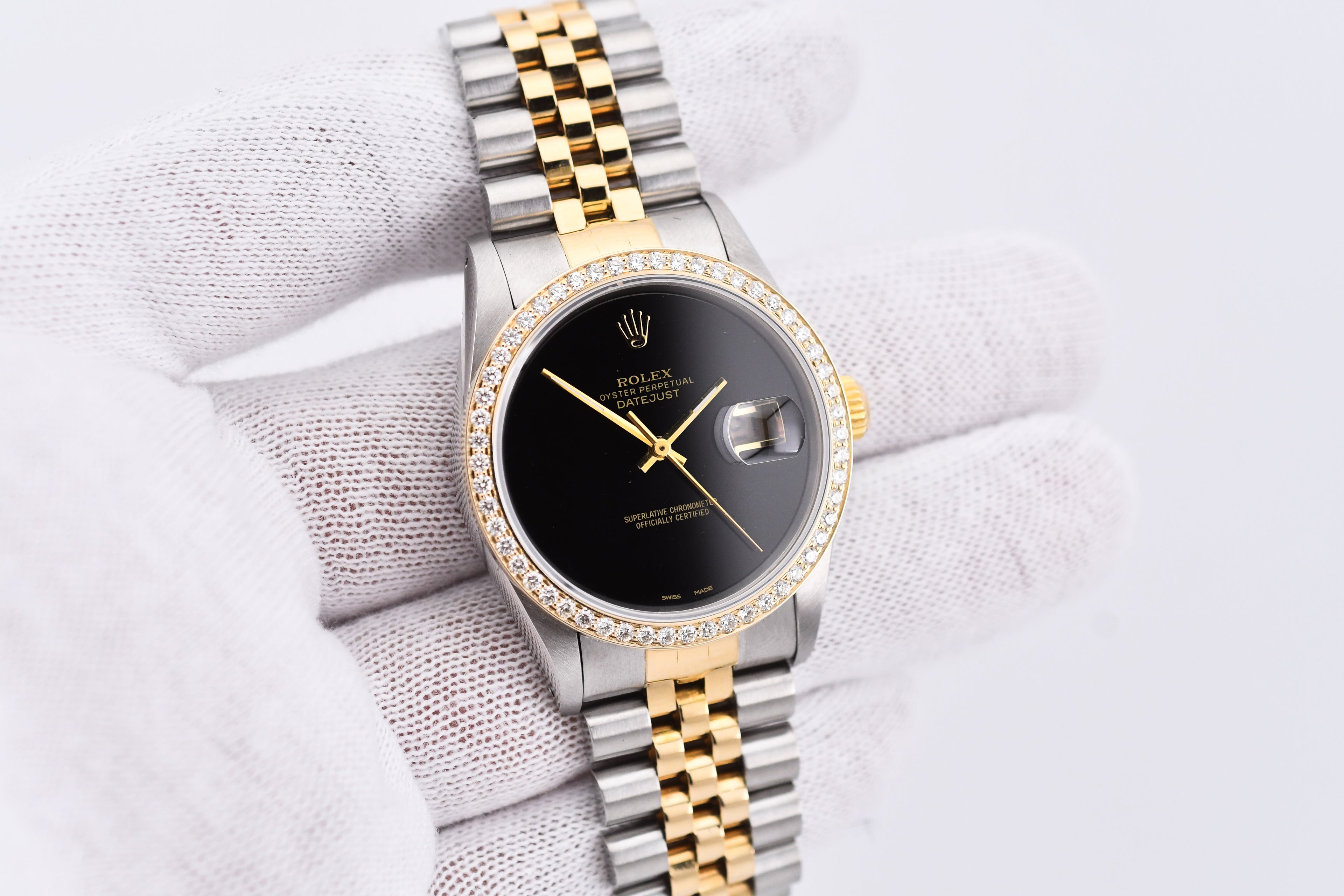 Rolex Datejust 36mm Ref 16233 Yellow Gold Diamond Bezel Custom Onyx Dial