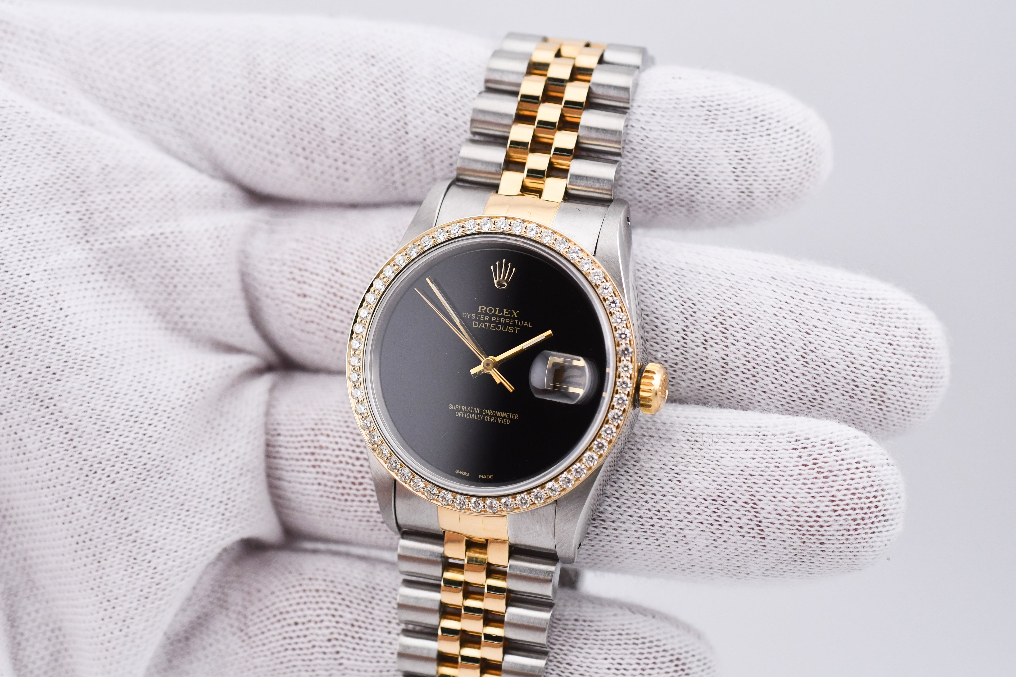 Rolex Datejust 36mm Ref 16233 Yellow Gold Diamond Bezel Custom Onyx Dial