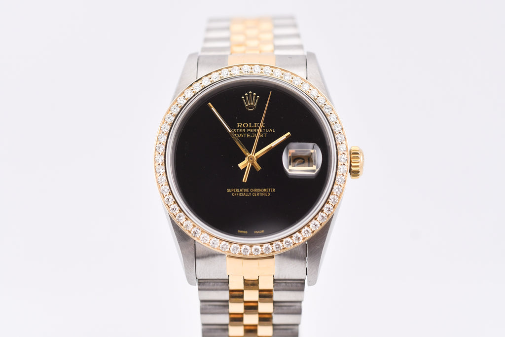 Rolex Datejust 36mm Ref 16233 Yellow Gold Diamond Bezel Custom Onyx Dial