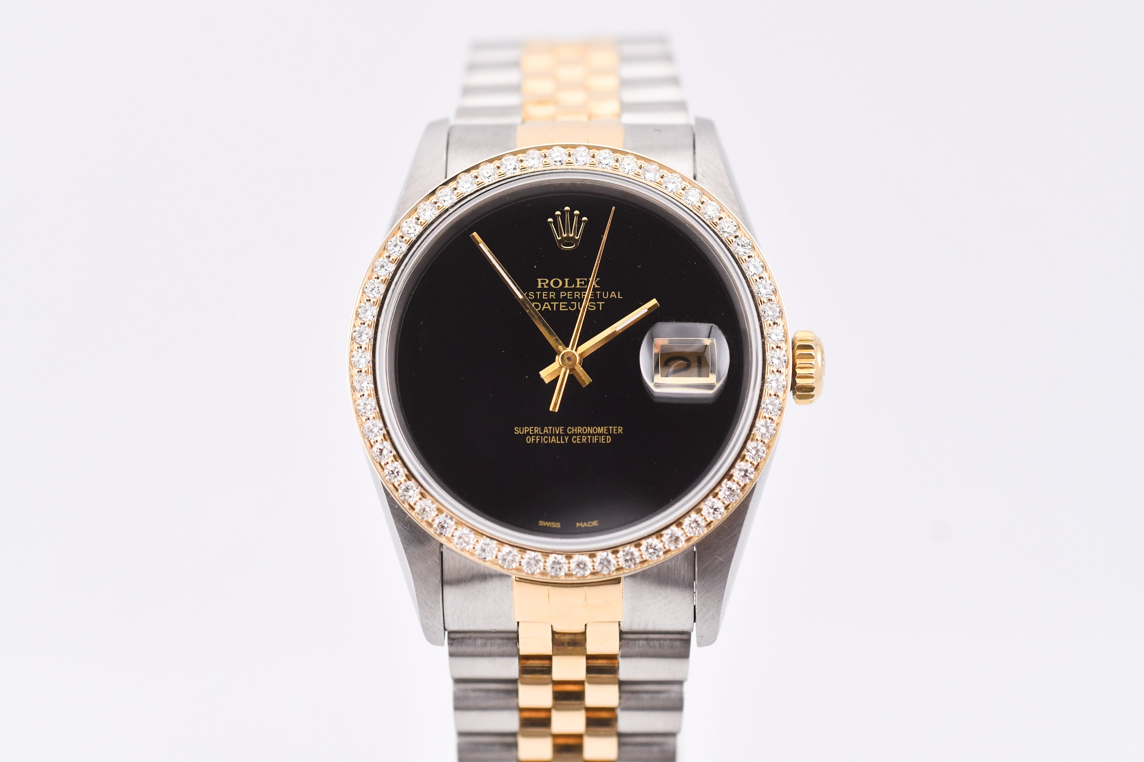 Rolex Datejust 36mm Ref 16233 Yellow Gold Diamond Bezel Custom Onyx Dial