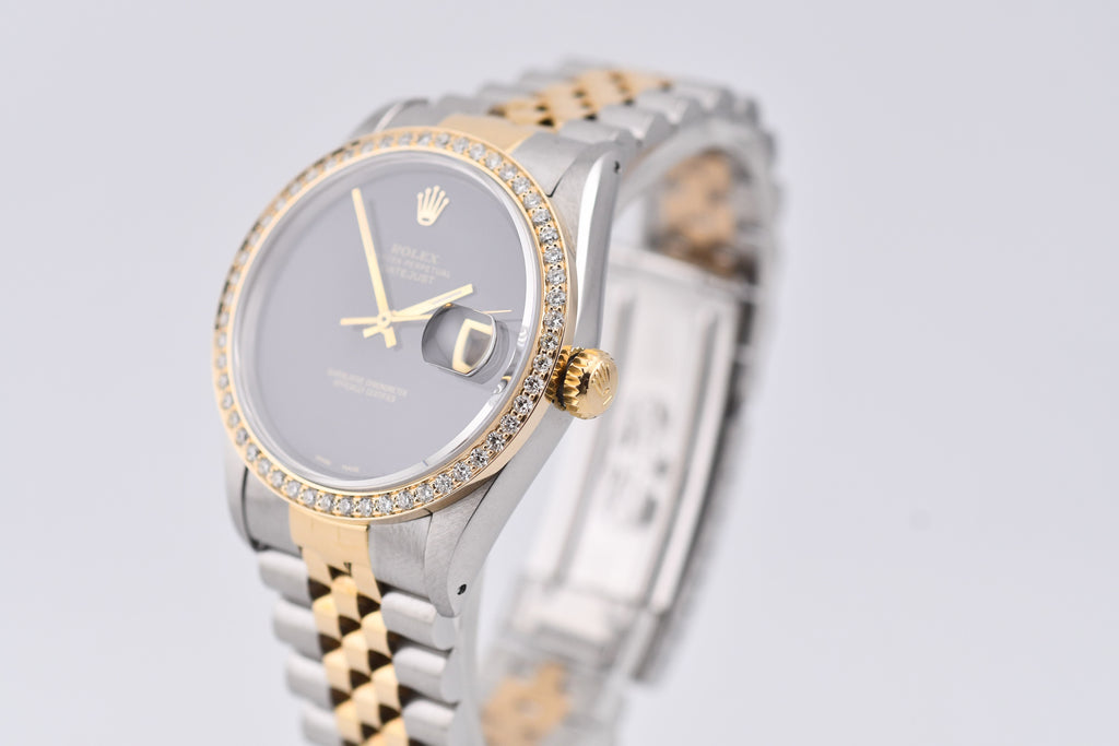Rolex Datejust 36mm Ref 16233 Yellow Gold Diamond Bezel Custom Onyx Dial