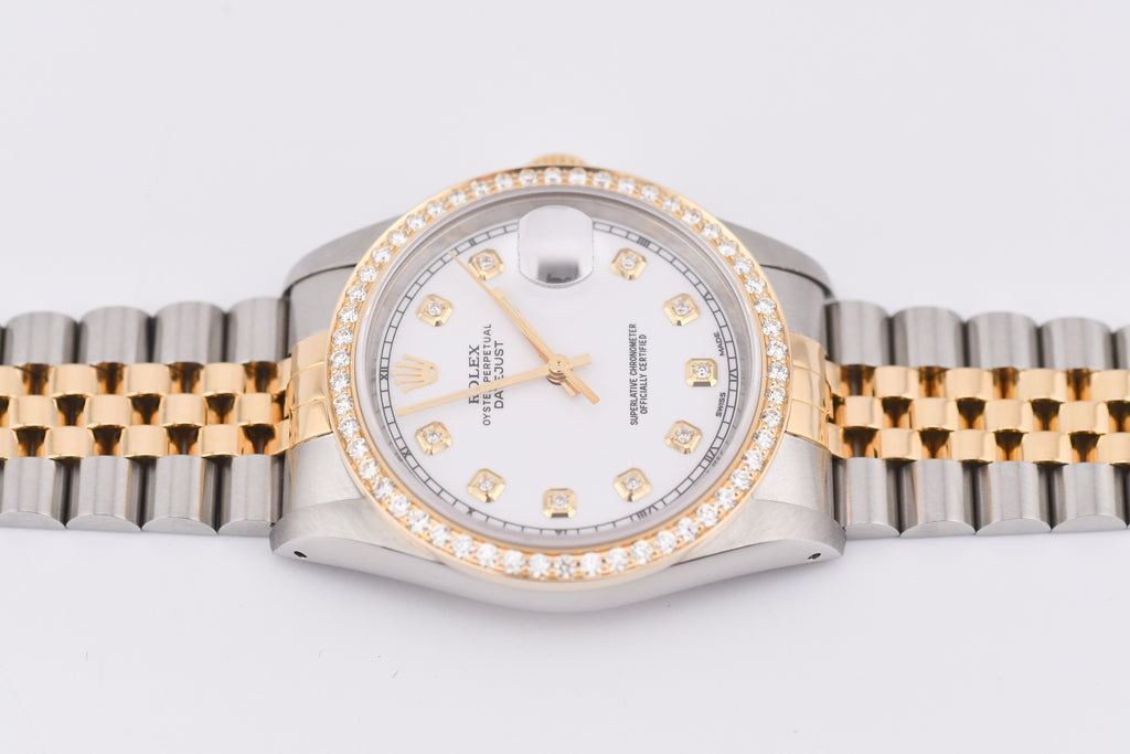 Rolex Datejust 36mm Ref 16233 Yellow Gold Diamond Bezel Custom White Diamond Dial