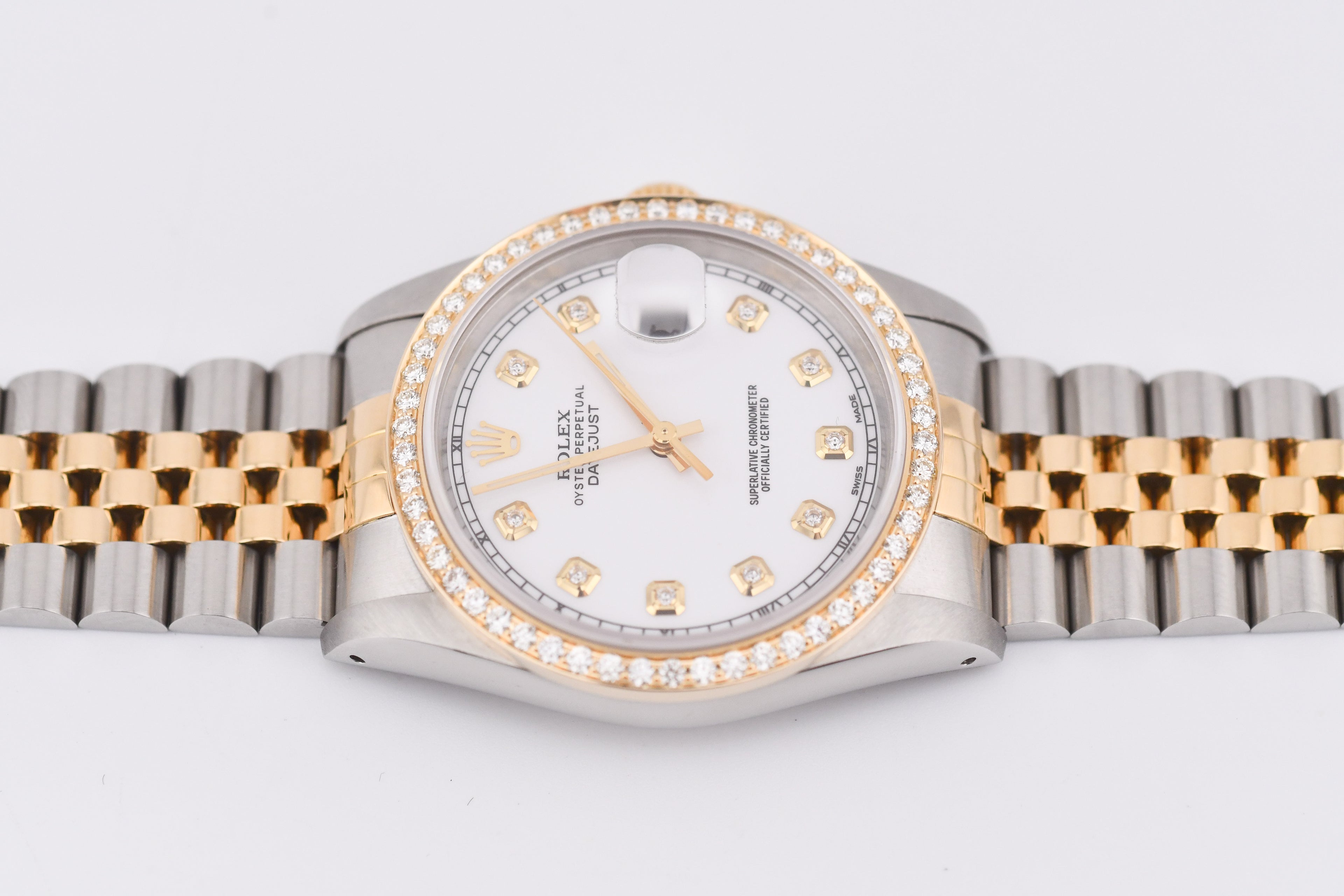 Rolex Datejust 36mm Ref 16233 Yellow Gold Diamond Bezel Custom White Diamond Dial