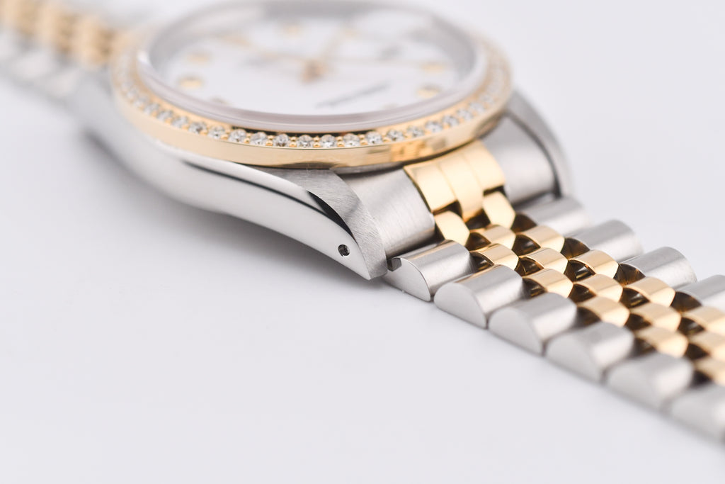 Rolex Datejust 36mm Ref 16233 Yellow Gold Diamond Bezel Custom White Diamond Dial