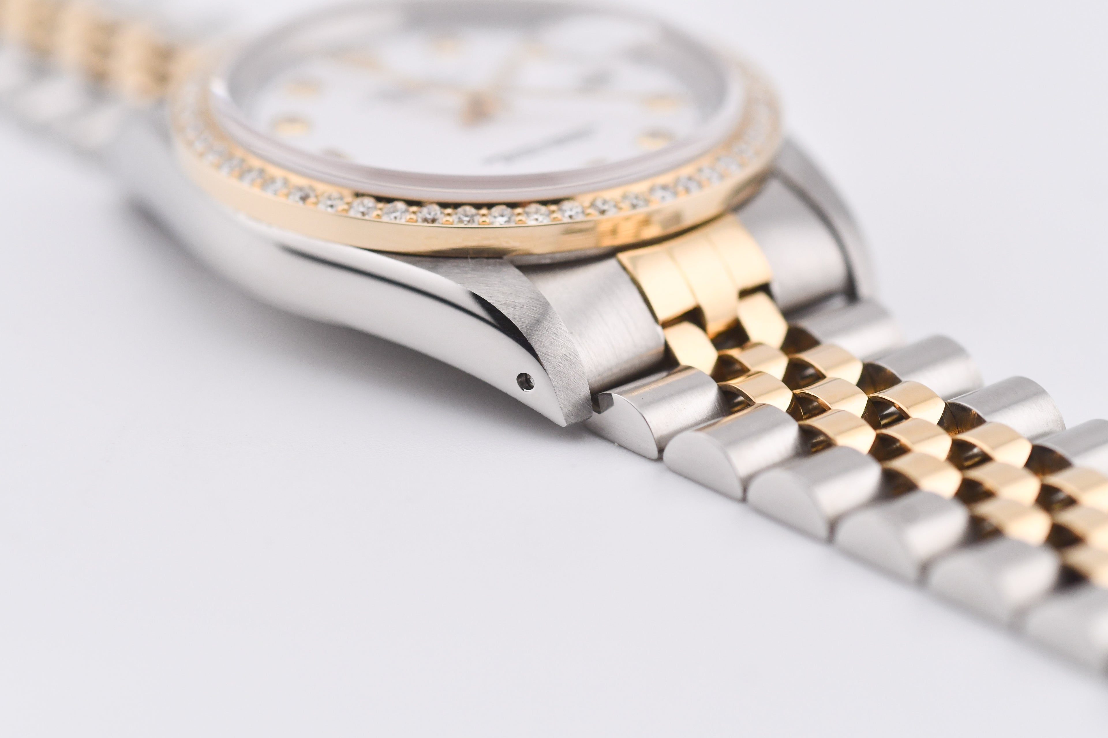 Rolex Datejust 36mm Ref 16233 Yellow Gold Diamond Bezel Custom White Diamond Dial