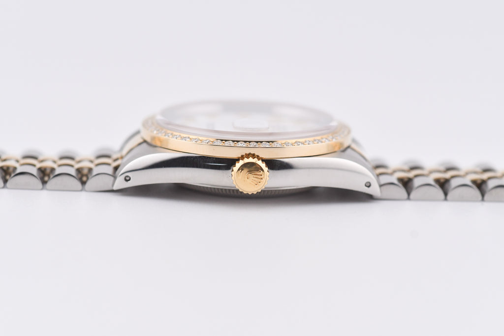 Rolex Datejust 36mm Ref 16233 Yellow Gold Diamond Bezel Custom White Diamond Dial