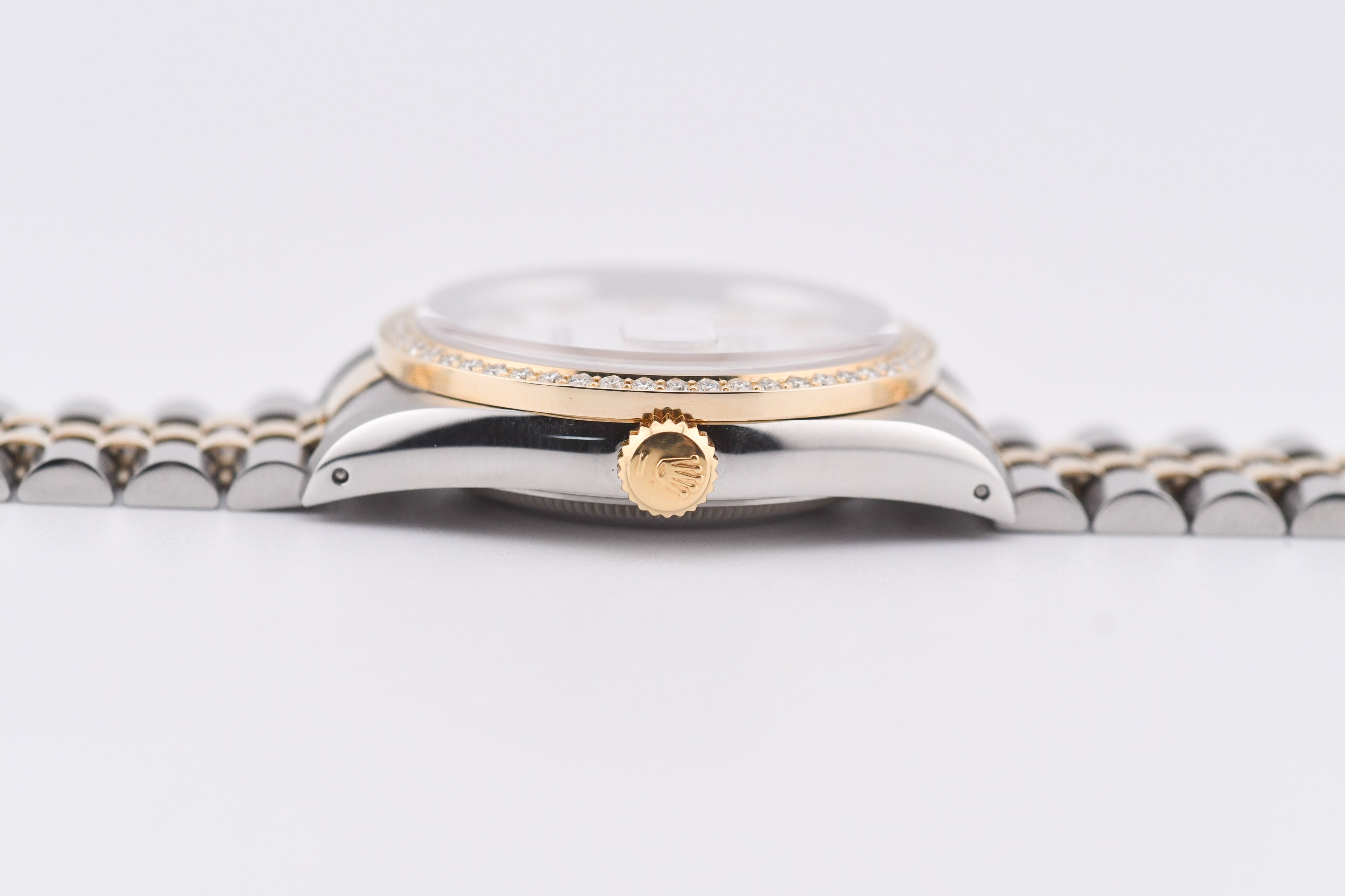 Rolex Datejust 36mm Ref 16233 Yellow Gold Diamond Bezel Custom White Diamond Dial