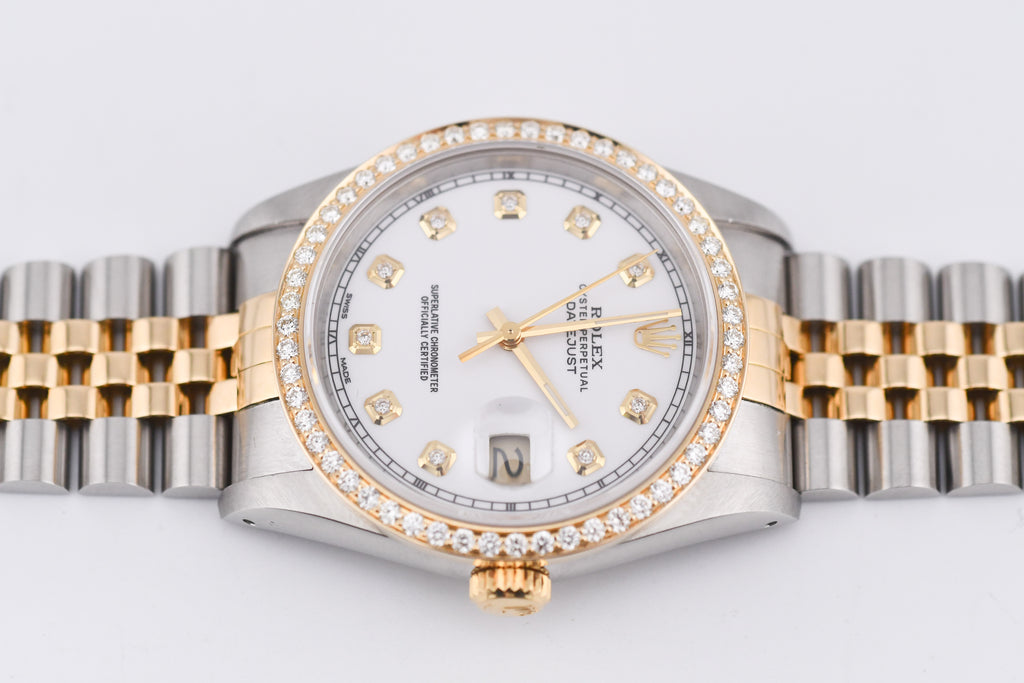 Rolex Datejust 36mm Ref 16233 Yellow Gold Diamond Bezel Custom White Diamond Dial