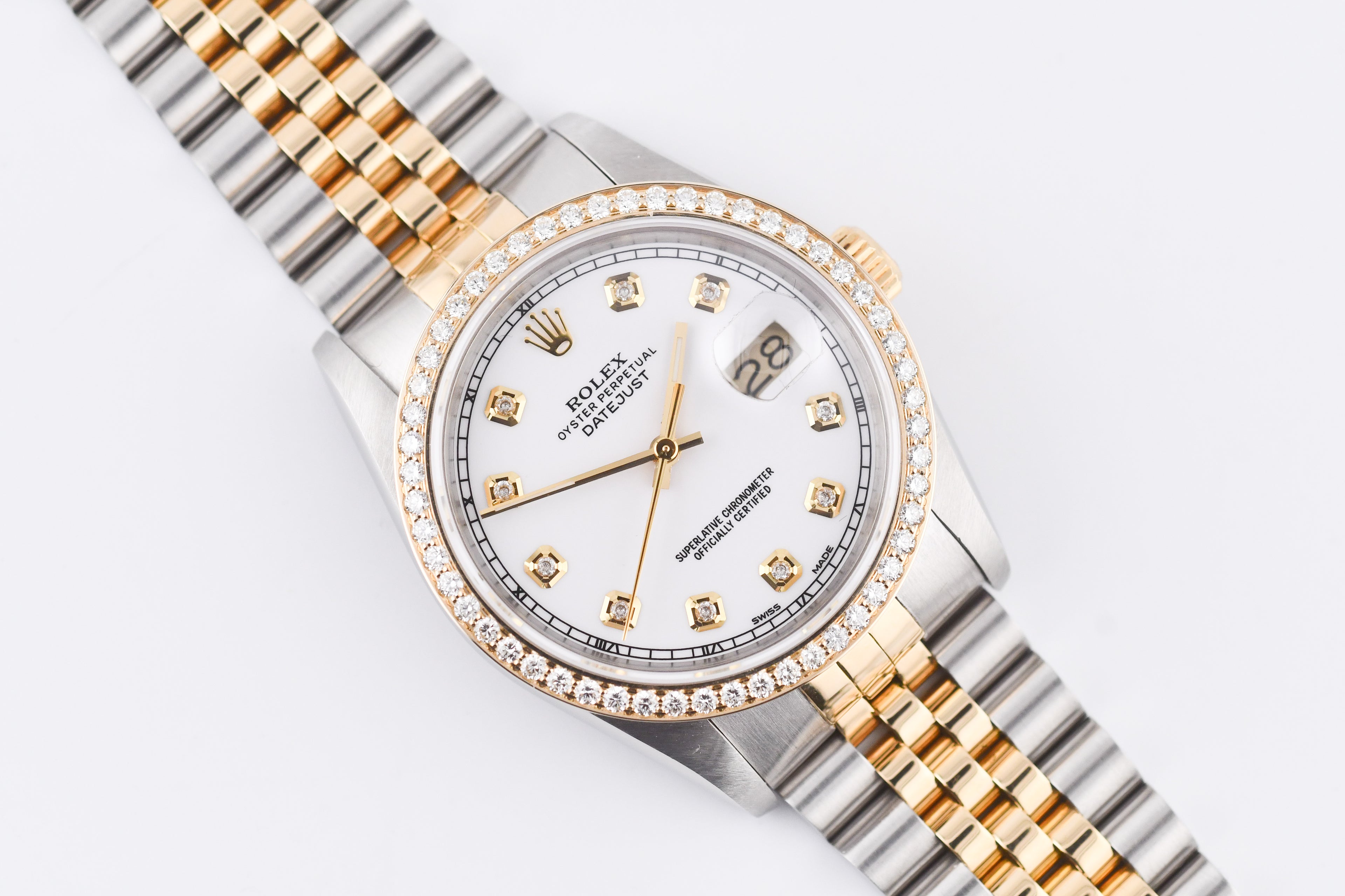 Rolex Datejust 36mm Ref 16233 Yellow Gold Diamond Bezel Custom White Diamond Dial