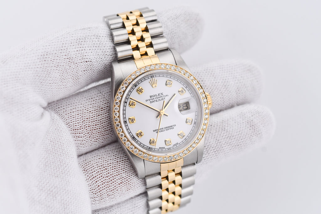Rolex Datejust 36mm Ref 16233 Yellow Gold Diamond Bezel Custom White Diamond Dial
